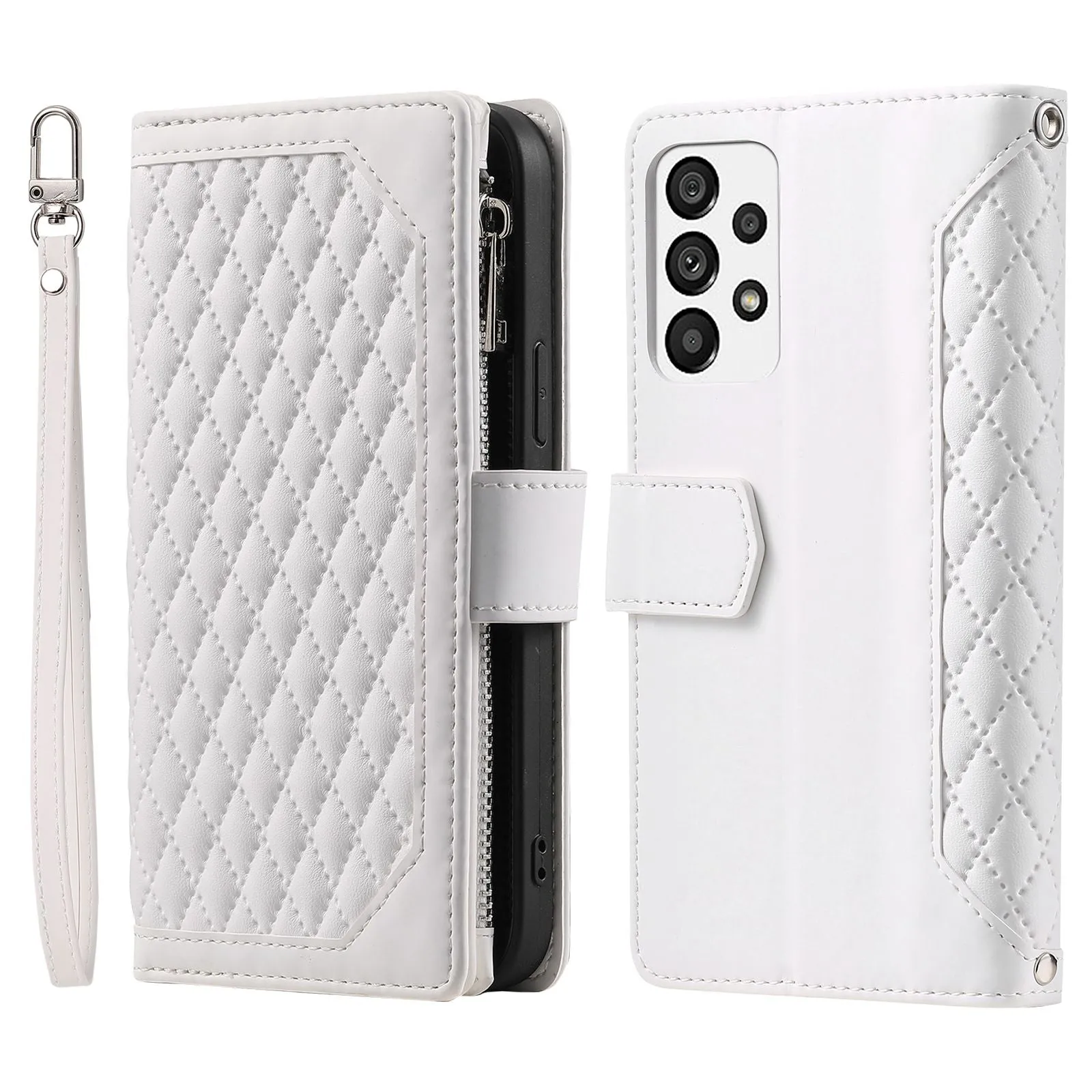 005 Style for Samsung Galaxy A73 5G Rhombus Texture Smartphone Cover PU Leather Zipper Pocket Stand Wallet Drop-proof Case with Strap