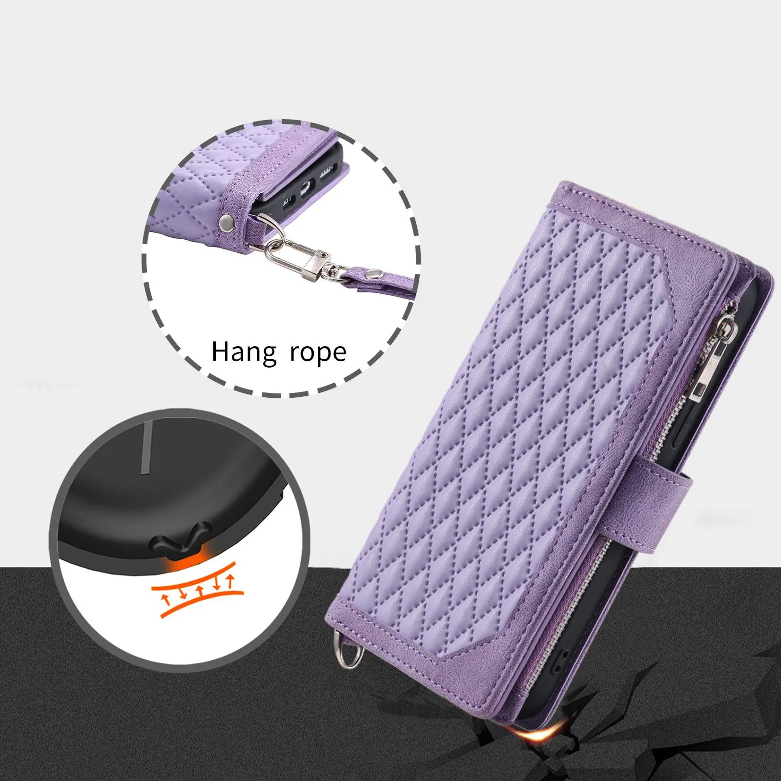 005 Style for Samsung Galaxy A73 5G Rhombus Texture Smartphone Cover PU Leather Zipper Pocket Stand Wallet Drop-proof Case with Strap