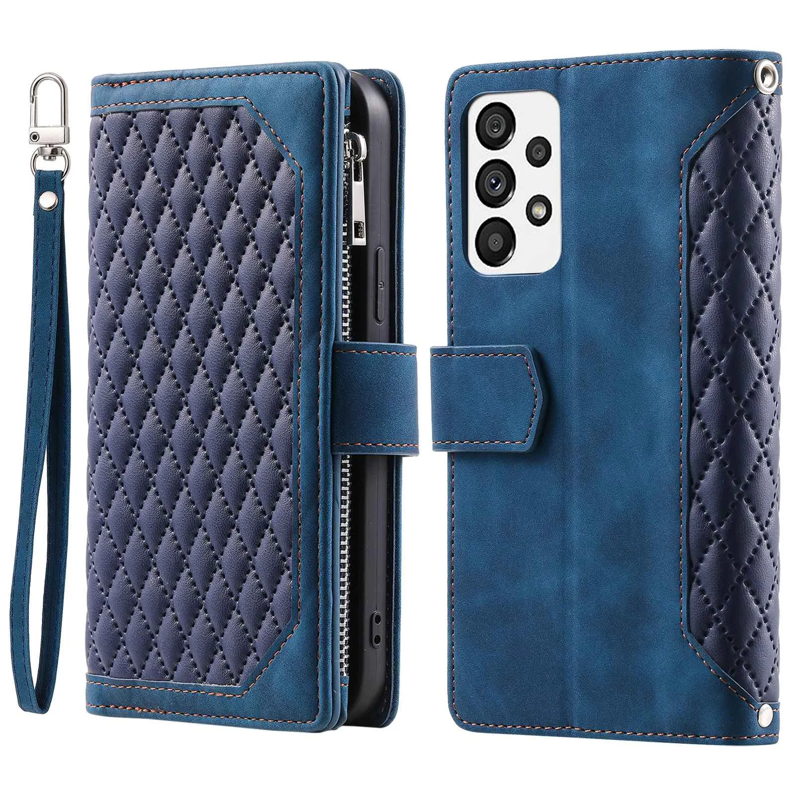 005 Style for Samsung Galaxy A73 5G Rhombus Texture Smartphone Cover PU Leather Zipper Pocket Stand Wallet Drop-proof Case with Strap