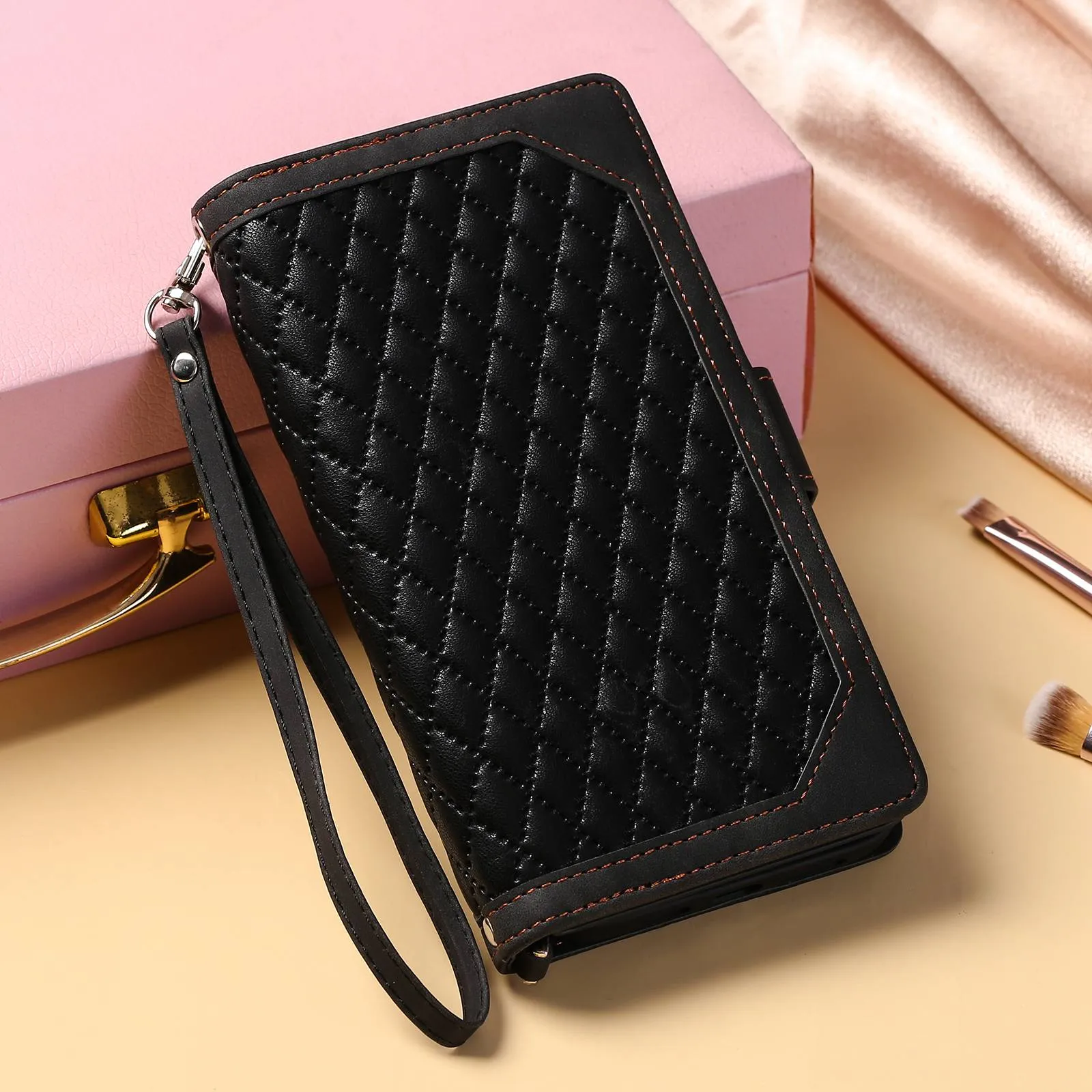 005 Style for Samsung Galaxy A73 5G Rhombus Texture Smartphone Cover PU Leather Zipper Pocket Stand Wallet Drop-proof Case with Strap