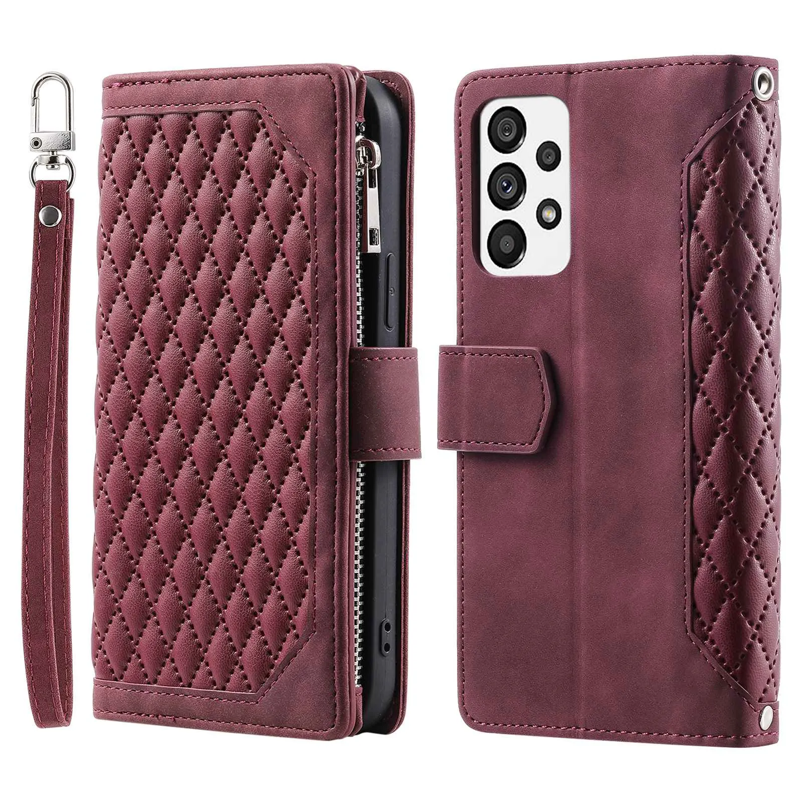 005 Style for Samsung Galaxy A73 5G Rhombus Texture Smartphone Cover PU Leather Zipper Pocket Stand Wallet Drop-proof Case with Strap