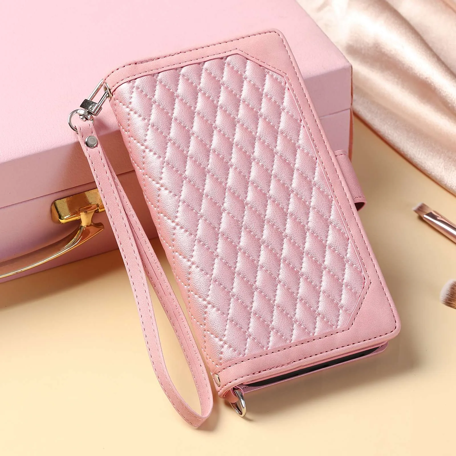 005 Style for Samsung Galaxy A73 5G Rhombus Texture Smartphone Cover PU Leather Zipper Pocket Stand Wallet Drop-proof Case with Strap