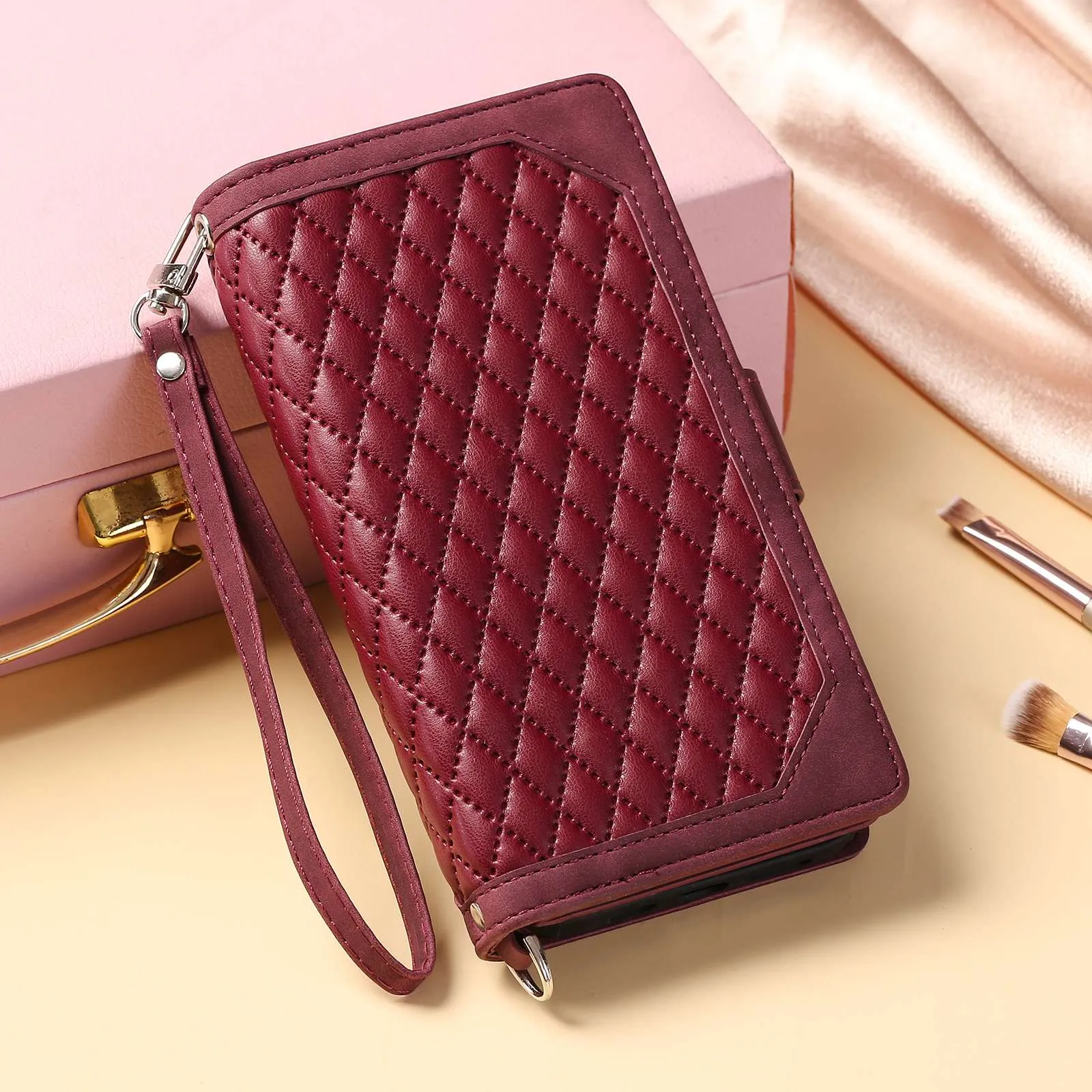 005 Style for Samsung Galaxy A73 5G Rhombus Texture Smartphone Cover PU Leather Zipper Pocket Stand Wallet Drop-proof Case with Strap