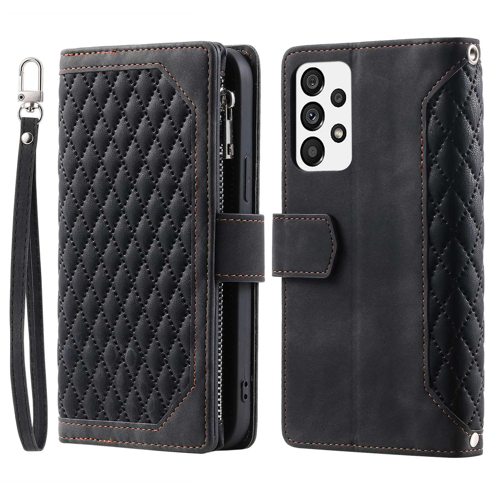 005 Style for Samsung Galaxy A73 5G Rhombus Texture Smartphone Cover PU Leather Zipper Pocket Stand Wallet Drop-proof Case with Strap