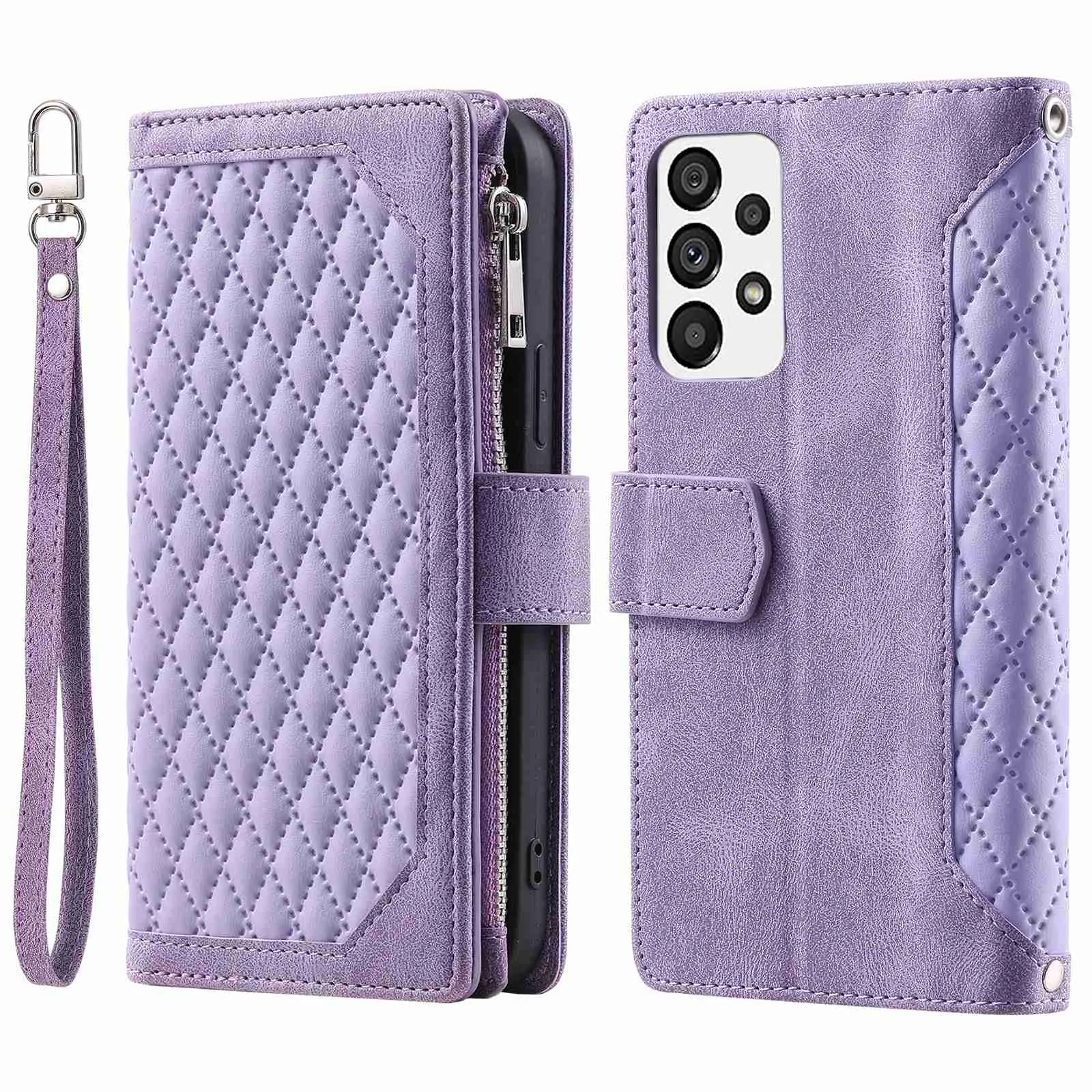 005 Style for Samsung Galaxy A73 5G Rhombus Texture Smartphone Cover PU Leather Zipper Pocket Stand Wallet Drop-proof Case with Strap