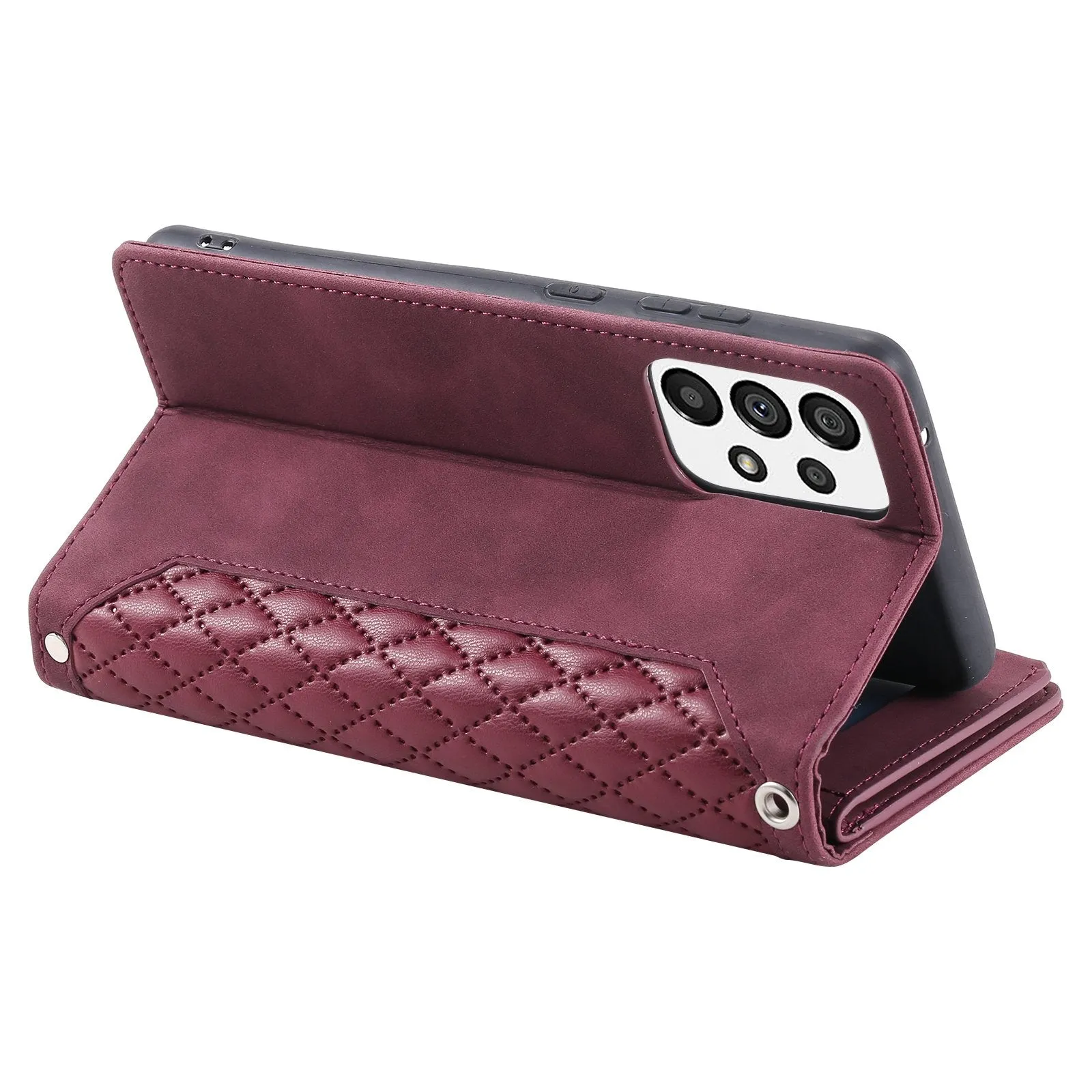 005 Style for Samsung Galaxy A73 5G Rhombus Texture Smartphone Cover PU Leather Zipper Pocket Stand Wallet Drop-proof Case with Strap