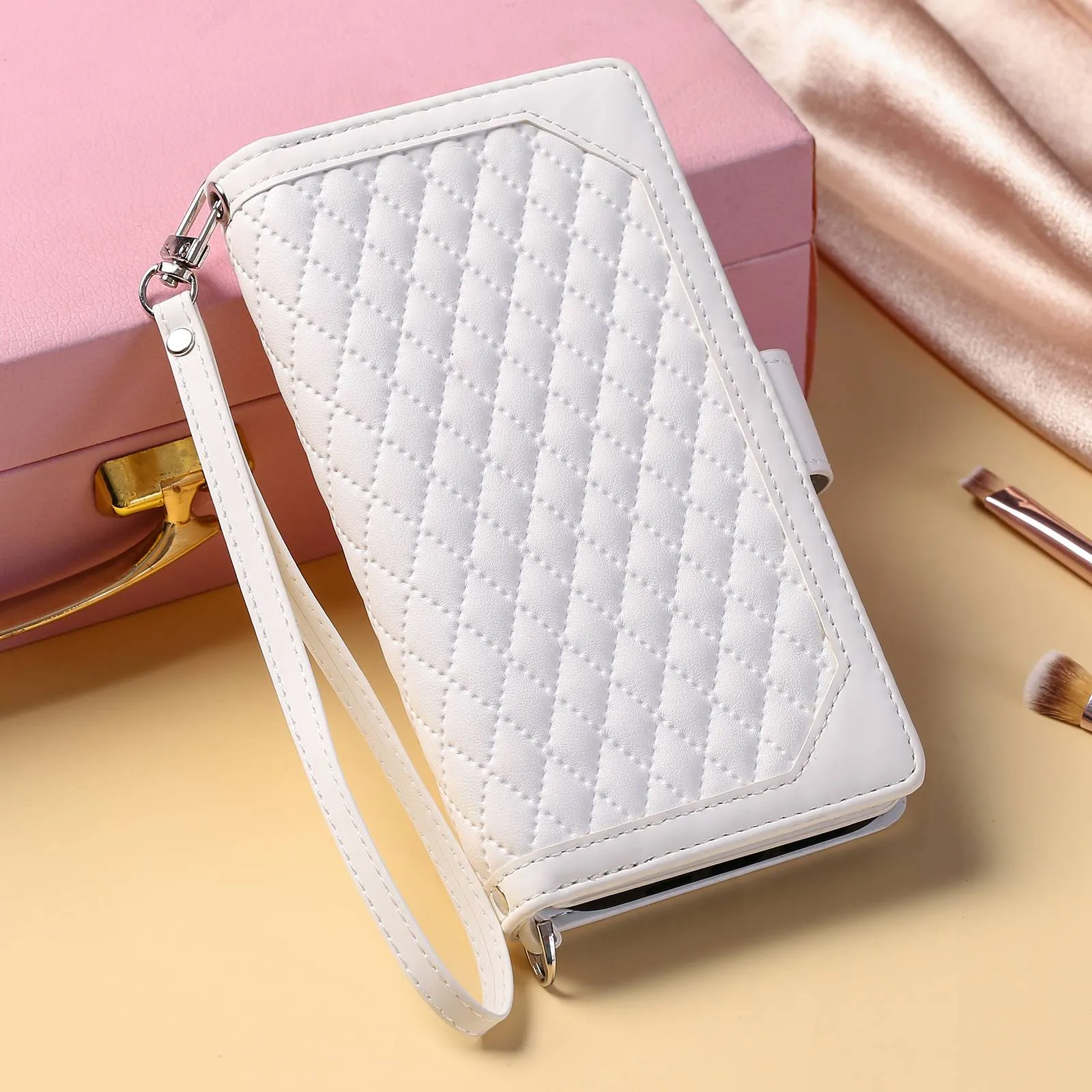 005 Style for Samsung Galaxy A73 5G Rhombus Texture Smartphone Cover PU Leather Zipper Pocket Stand Wallet Drop-proof Case with Strap