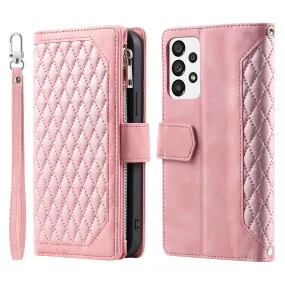 005 Style for Samsung Galaxy A73 5G Rhombus Texture Smartphone Cover PU Leather Zipper Pocket Stand Wallet Drop-proof Case with Strap