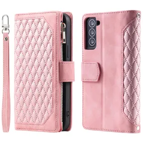 005 Style for Samsung Galaxy S21 FE 5G Rhombus Texture Anti-drop Phone Case PU Leather Zipper Pocket Stand Wallet Cover with Wrist Strap