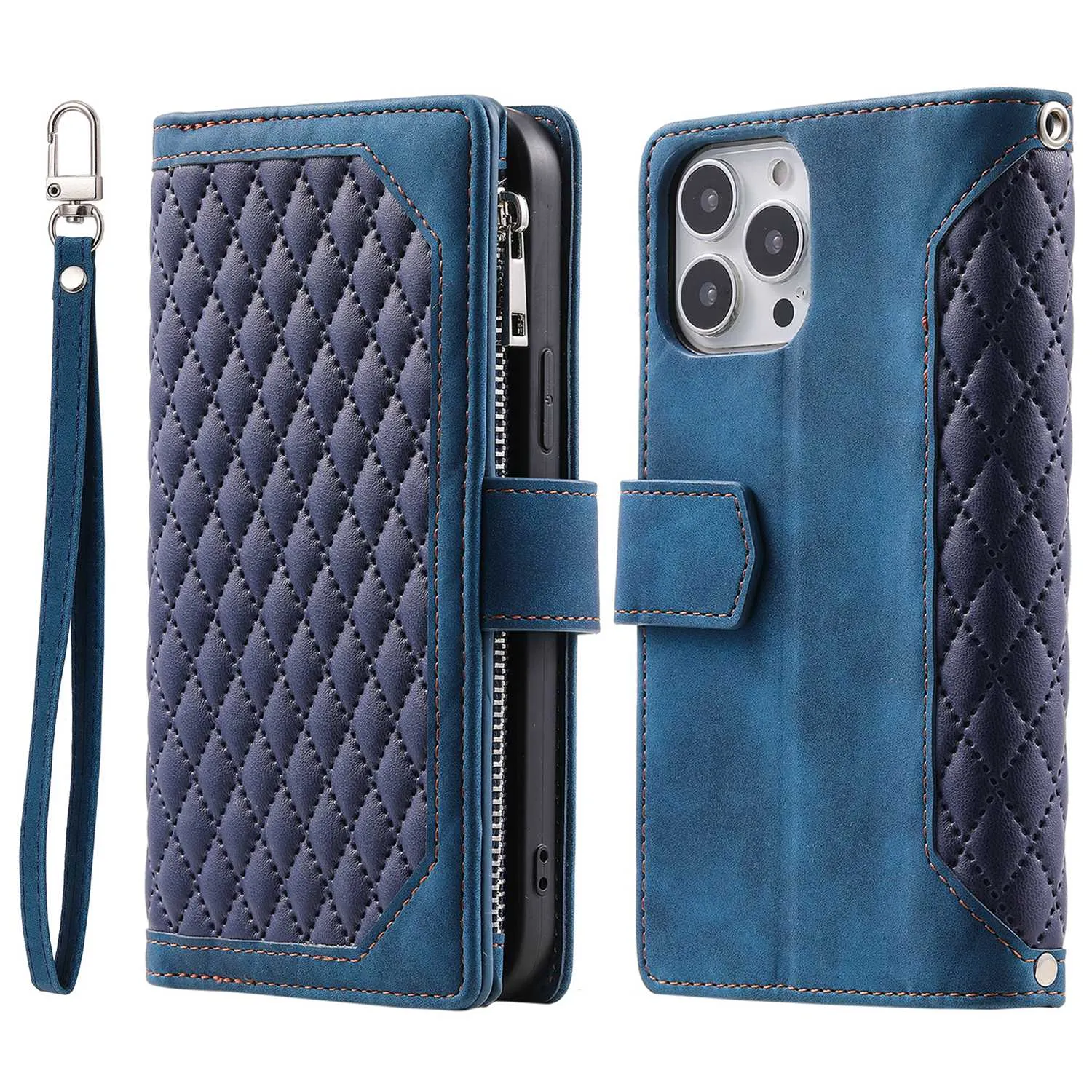 005 Style Rhombus Texture Phone Case for iPhone 14 Pro 6.1 inch, PU Leather Stand Wallet Zipper Pocket Cover with Wrist Strap