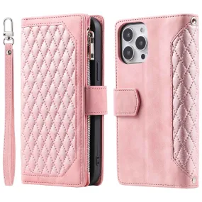 005 Style Rhombus Texture Phone Case for iPhone 14 Pro 6.1 inch, PU Leather Stand Wallet Zipper Pocket Cover with Wrist Strap