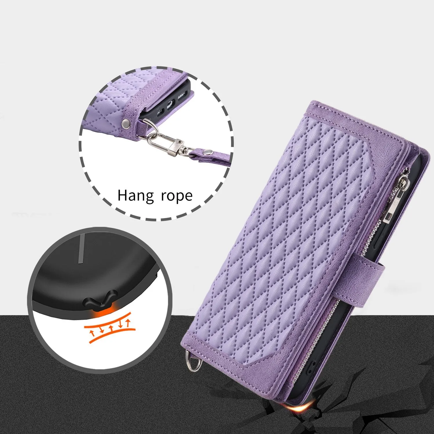 005 Style Rhombus Texture Phone Case for iPhone 14 Pro 6.1 inch, PU Leather Stand Wallet Zipper Pocket Cover with Wrist Strap