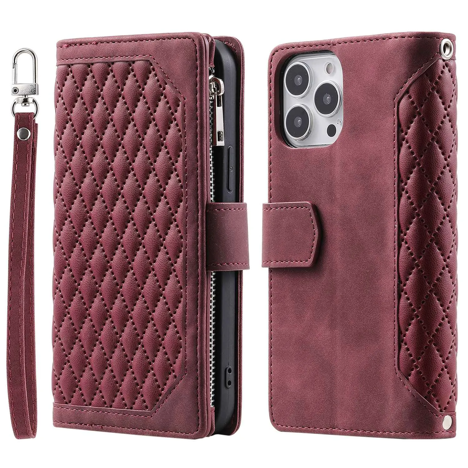 005 Style Rhombus Texture Phone Case for iPhone 14 Pro 6.1 inch, PU Leather Stand Wallet Zipper Pocket Cover with Wrist Strap