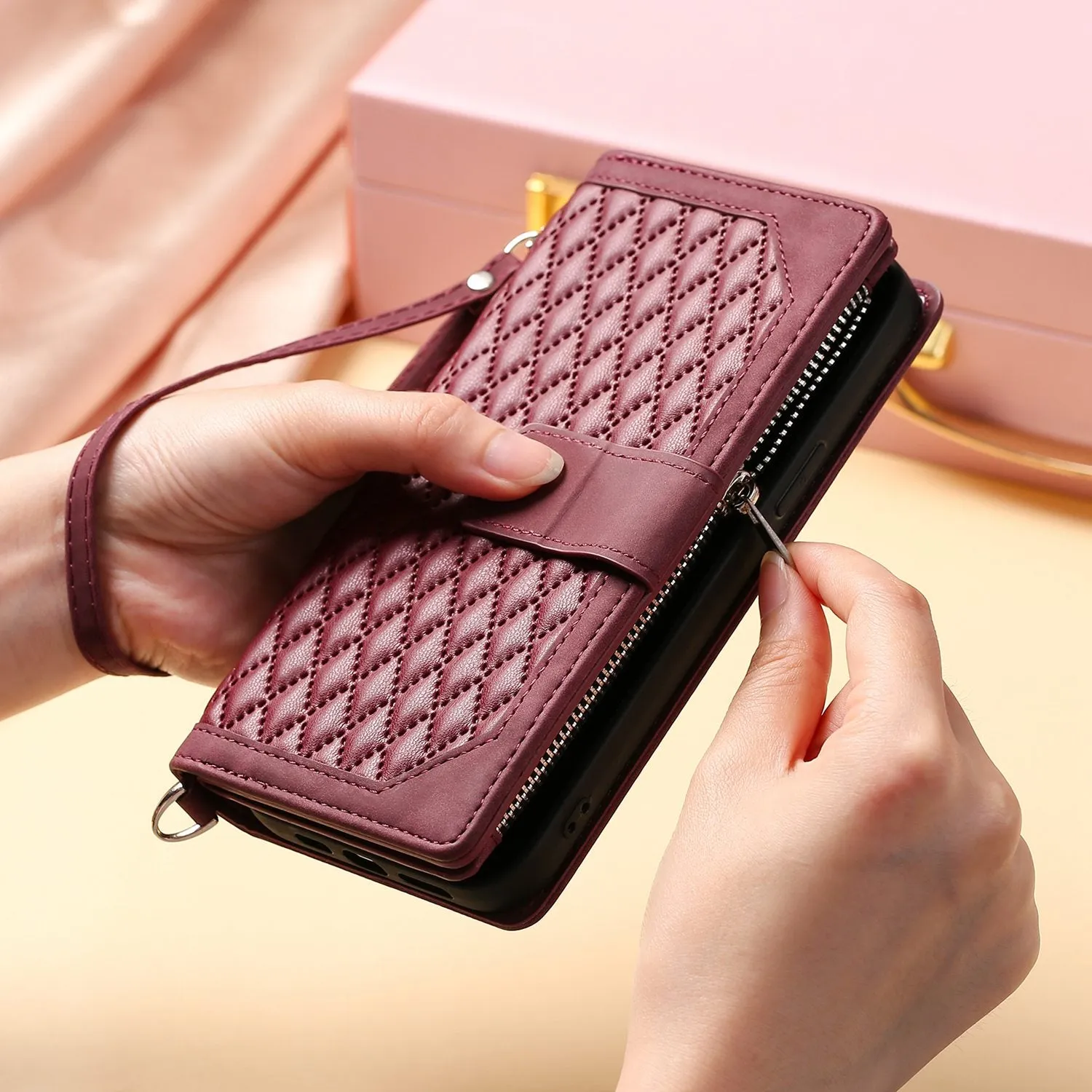 005 Style Rhombus Texture Phone Case for iPhone 14 Pro 6.1 inch, PU Leather Stand Wallet Zipper Pocket Cover with Wrist Strap