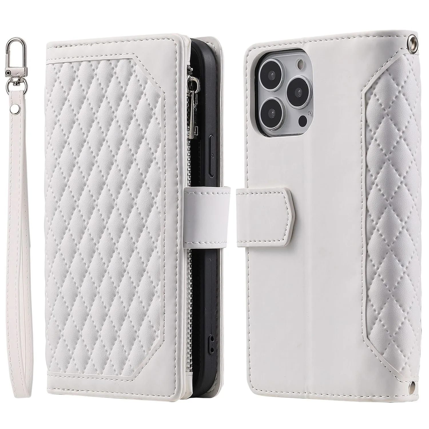 005 Style Rhombus Texture Phone Case for iPhone 14 Pro 6.1 inch, PU Leather Stand Wallet Zipper Pocket Cover with Wrist Strap