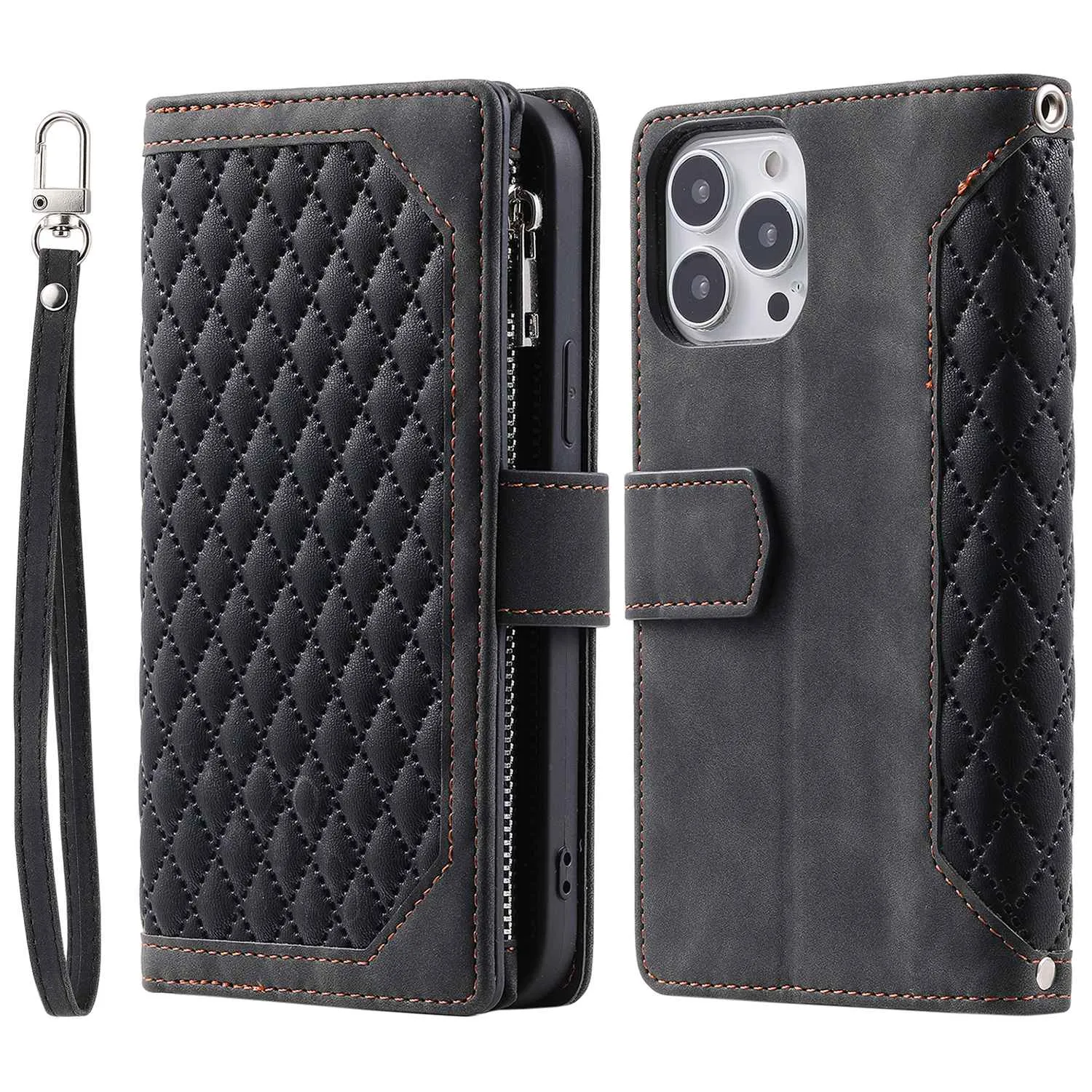 005 Style Rhombus Texture Phone Case for iPhone 14 Pro 6.1 inch, PU Leather Stand Wallet Zipper Pocket Cover with Wrist Strap