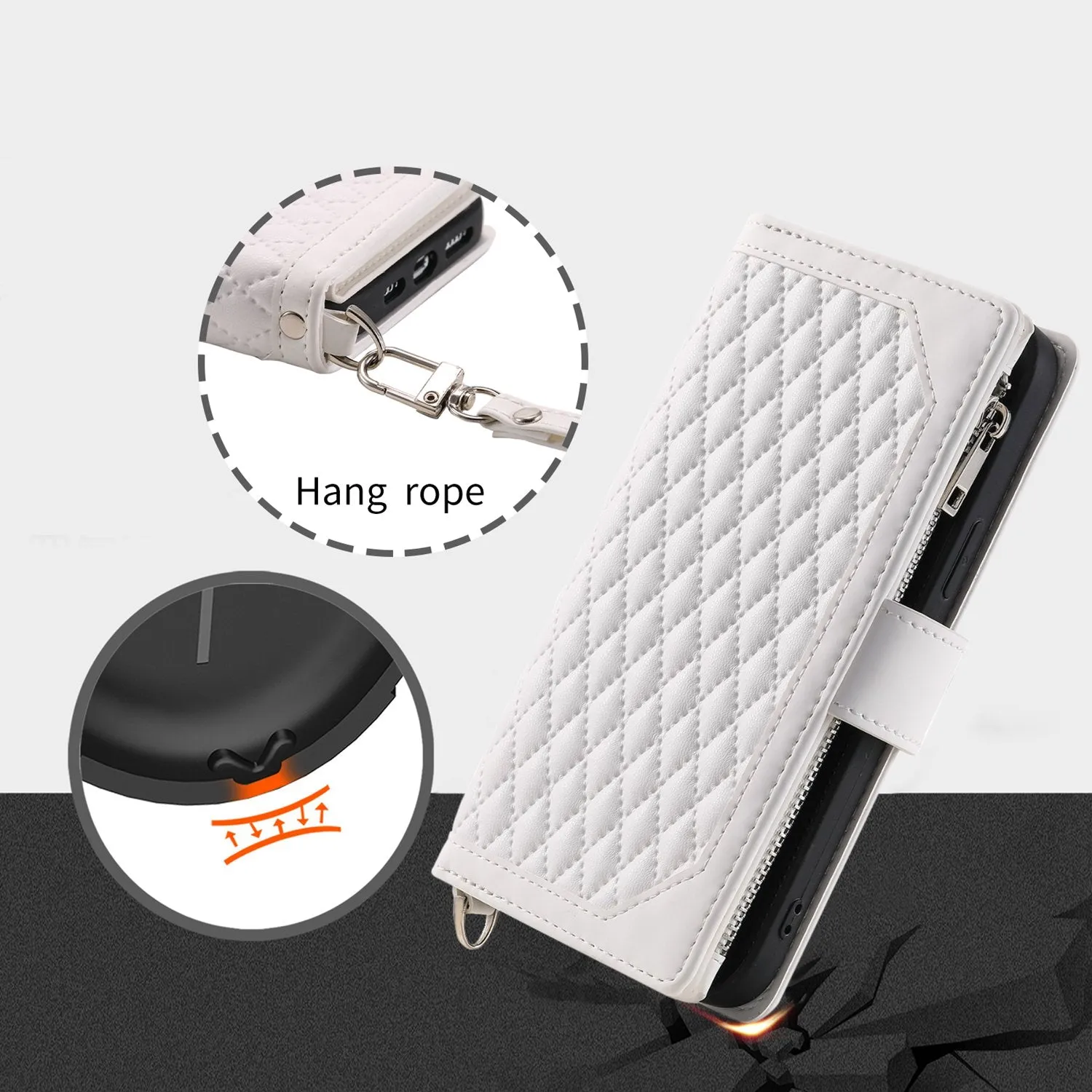 005 Style Rhombus Texture Phone Case for iPhone 14 Pro 6.1 inch, PU Leather Stand Wallet Zipper Pocket Cover with Wrist Strap