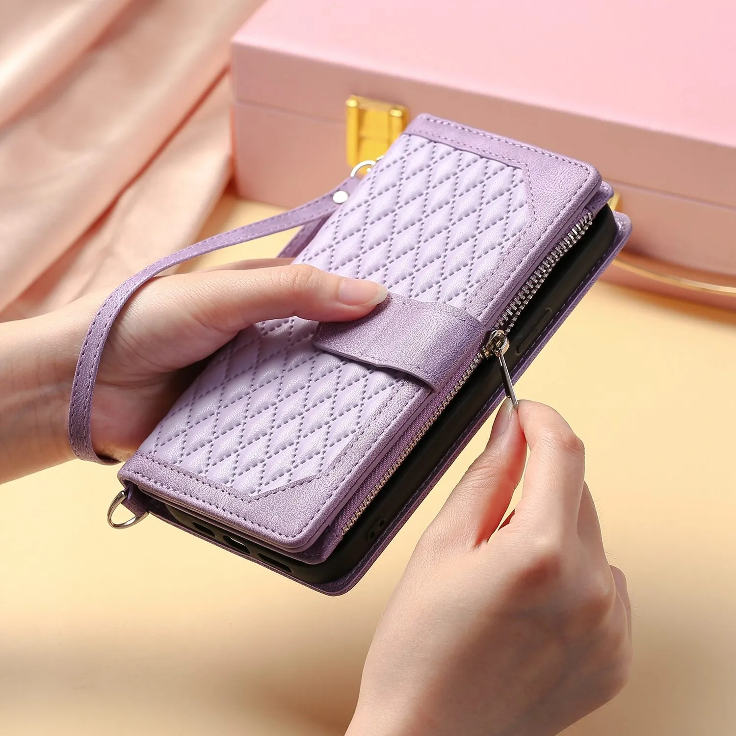 005 Style Rhombus Texture Phone Case for iPhone 14 Pro 6.1 inch, PU Leather Stand Wallet Zipper Pocket Cover with Wrist Strap