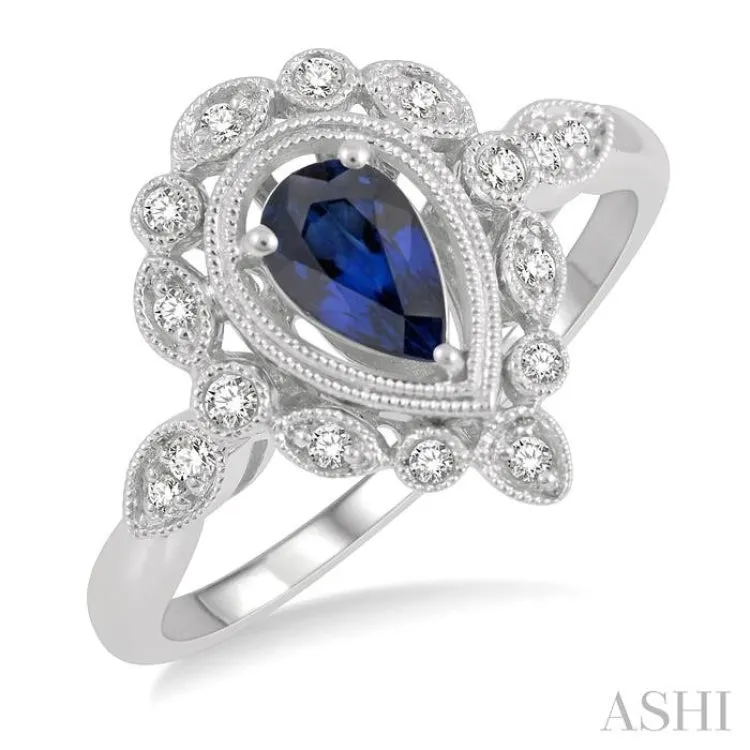 1/8 ctw Cutwork Reverse Taper Shank Round Cut Diamond & 6x4MM Pear Cut Sapphire Precious Ring in 10K White Gold