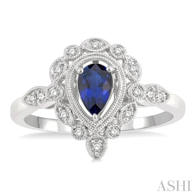 1/8 ctw Cutwork Reverse Taper Shank Round Cut Diamond & 6x4MM Pear Cut Sapphire Precious Ring in 10K White Gold