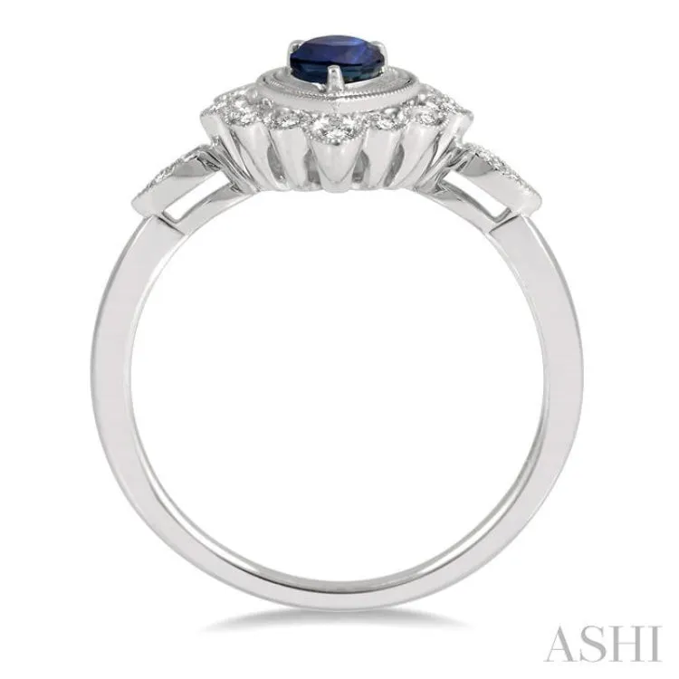 1/8 ctw Cutwork Reverse Taper Shank Round Cut Diamond & 6x4MM Pear Cut Sapphire Precious Ring in 10K White Gold