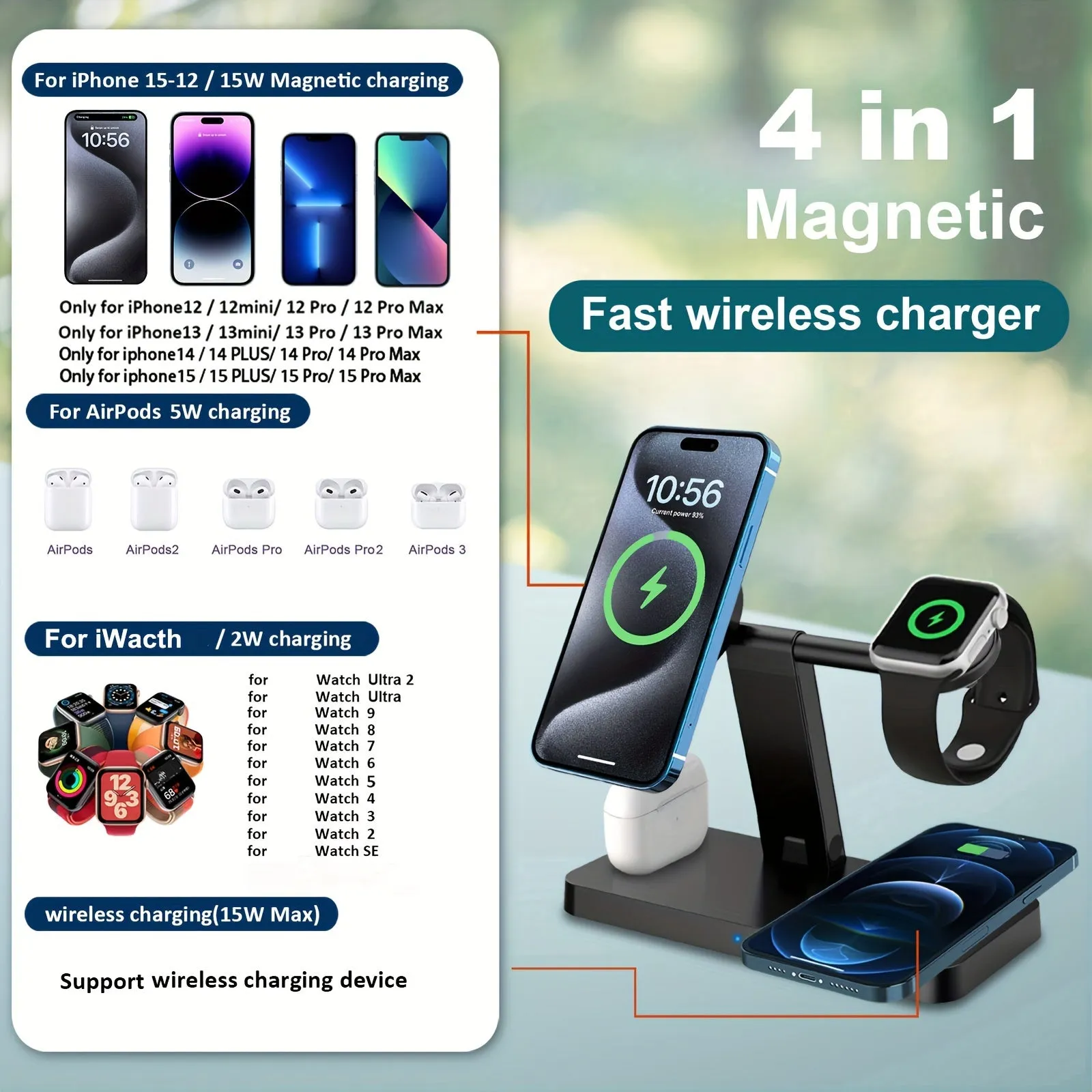 4 in 1 Magnetic Charging Dock Station, Multiple Devices Magnet Fast Wireless Charger Stand Only for iPhone 15, 14, 13, 12 Pro/Max/Mini/Plus, iWatch 9/8/7/6/SE/5/4/3/2/Ultra and Airpods Pro/3/2/1