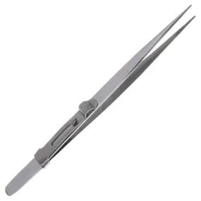 6 inch Button Slide Lock Tweezer Serated Medium Tip - Clip