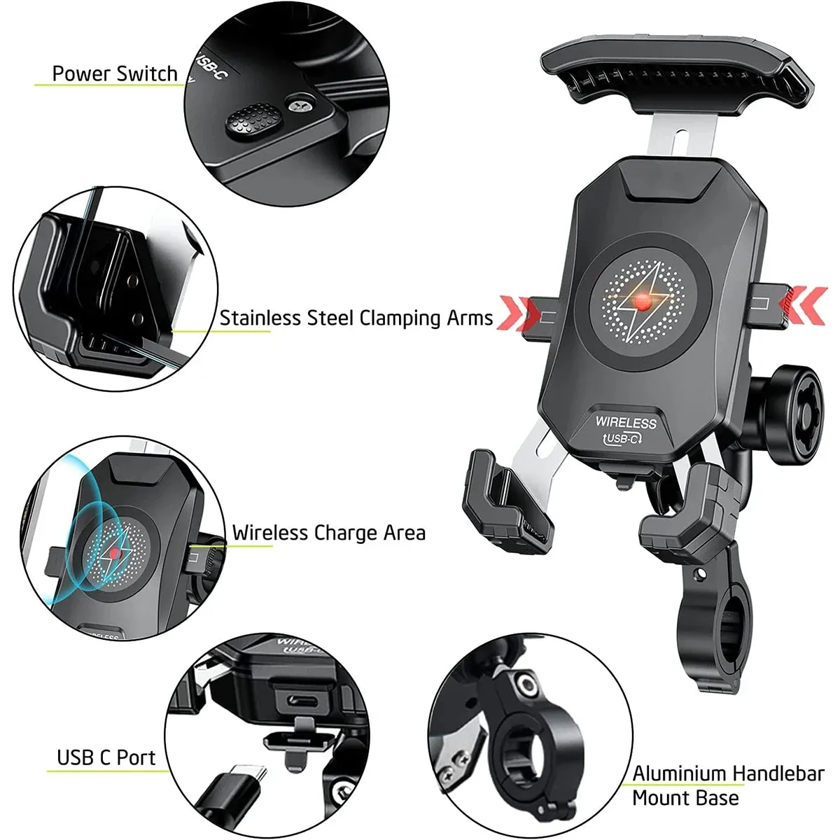 Aileap Aluminium Motorcycle Phone Holder – 15W Wireless & 20W USB-C