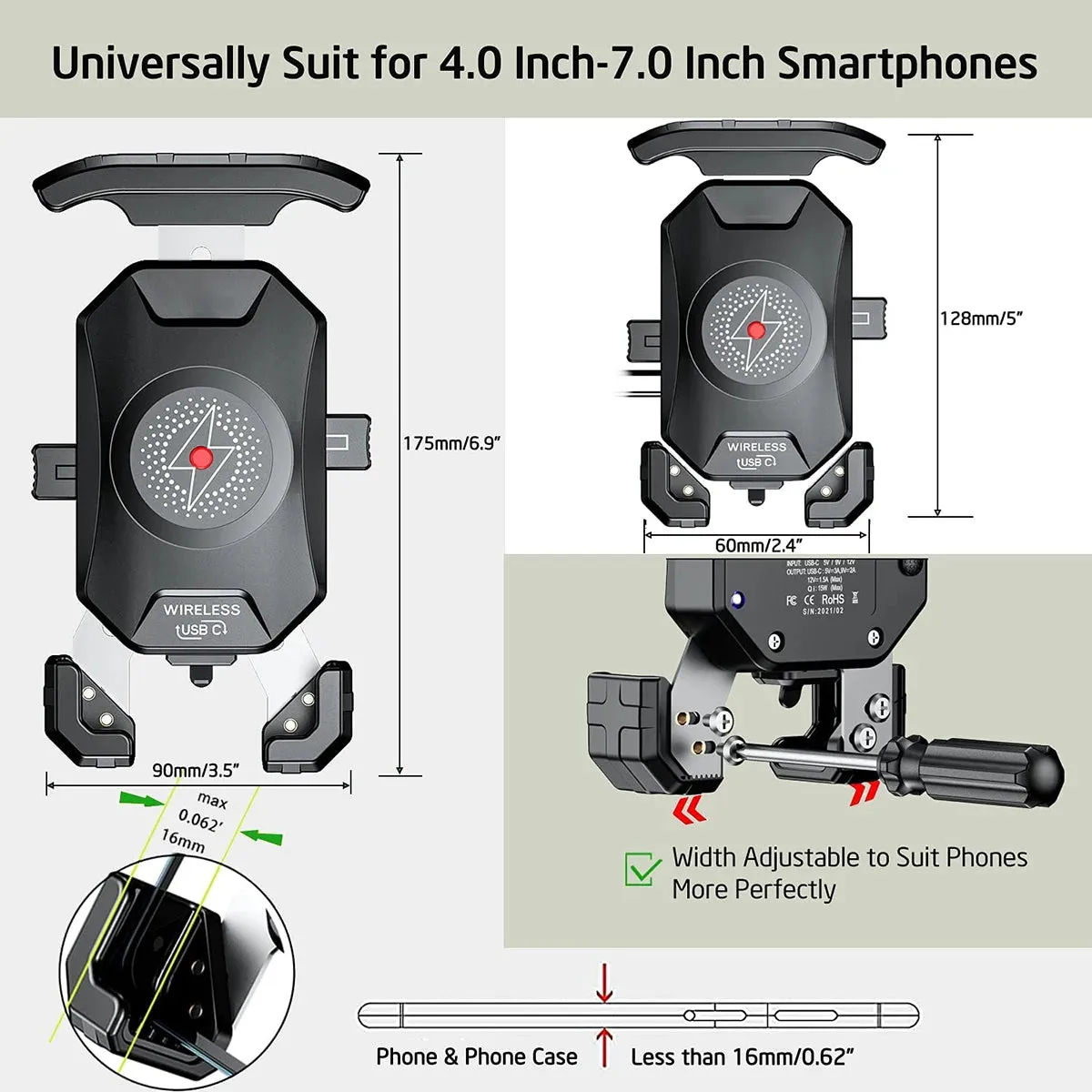 Aileap Aluminium Motorcycle Phone Holder – 15W Wireless & 20W USB-C