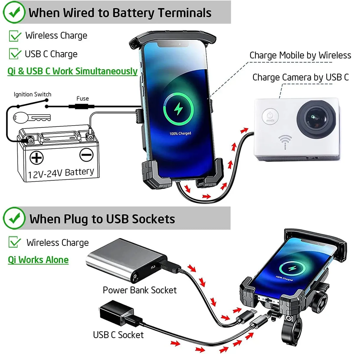 Aileap Aluminium Motorcycle Phone Holder – 15W Wireless & 20W USB-C