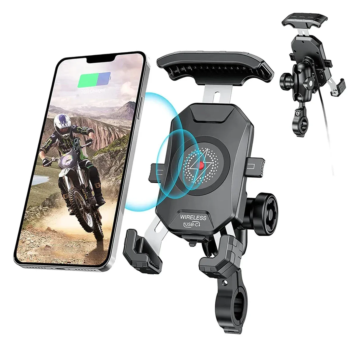 Aileap Aluminium Motorcycle Phone Holder – 15W Wireless & 20W USB-C