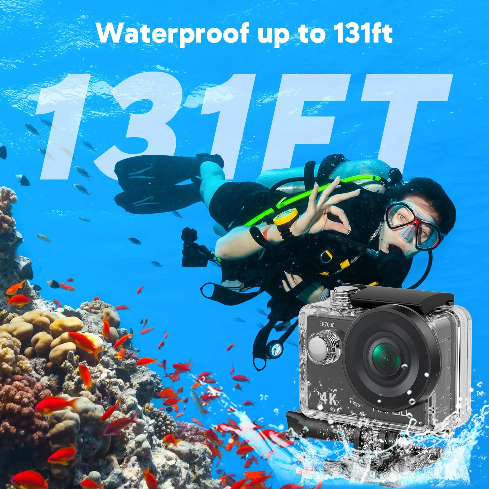 AKASO EK7000 4K30FPS 20MP WiFi Action Camera with EIS Ultra HD Underwater Camera 131FT Waterproof Camera Remote Control 4X Zoom in Photo Mode Support External Microphone Black