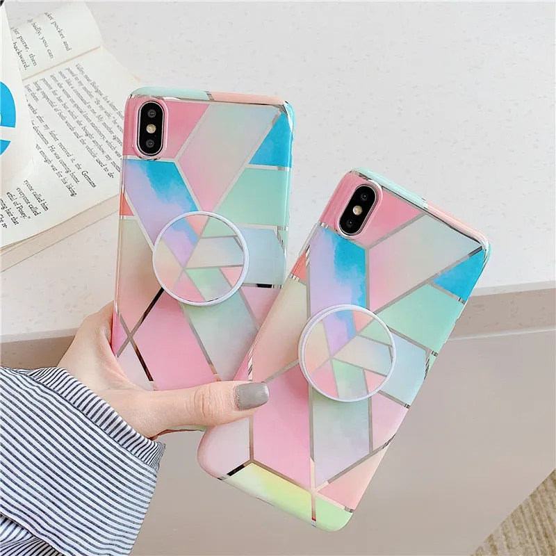 Anymob iPhone Blue Holder Stand Case Back Cover Marble Art Silicone Phone Cover