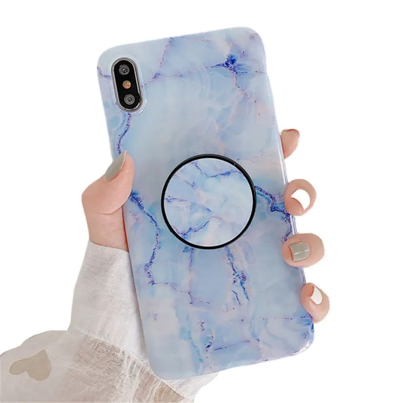 Anymob iPhone Blue Holder Stand Case Back Cover Marble Art Silicone Phone Cover