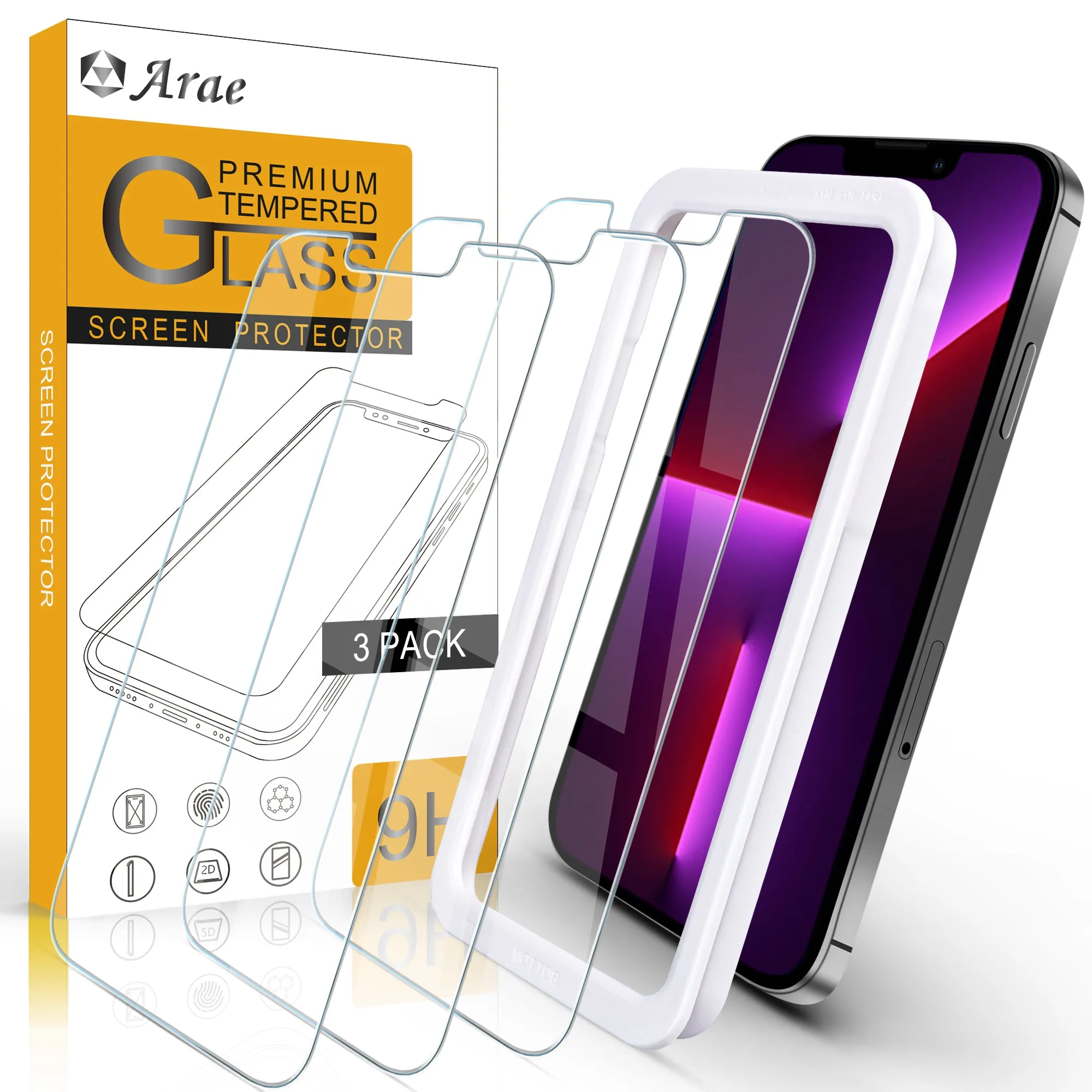 Arae Screen Protector for iPhone 13mini 13/ 13 Pro and Pro Max, HD Tempered Glass Anti Scratch Work with Most Case - 3 Pack