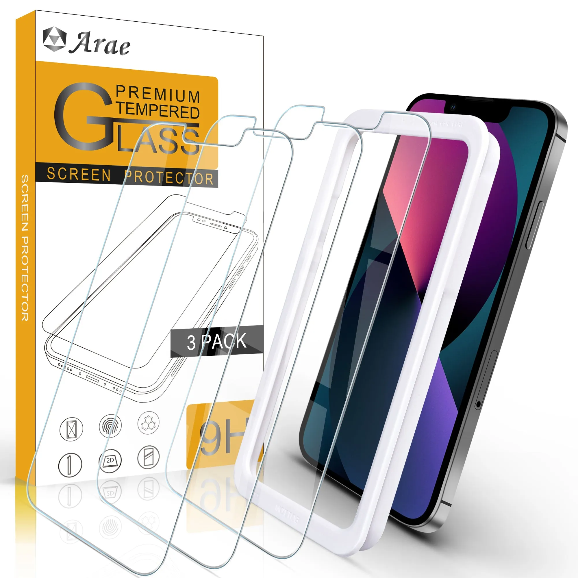 Arae Screen Protector for iPhone 13mini 13/ 13 Pro and Pro Max, HD Tempered Glass Anti Scratch Work with Most Case - 3 Pack