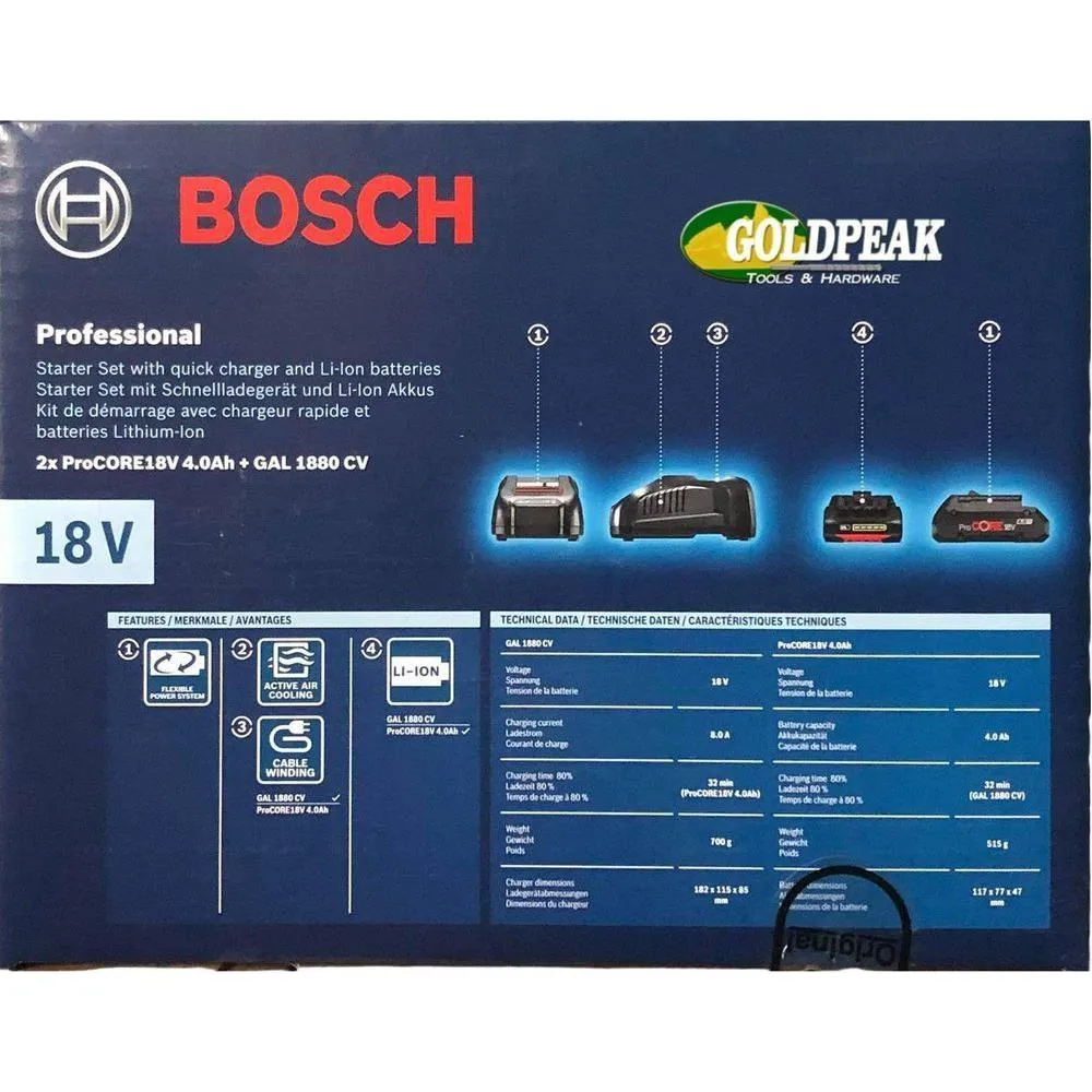 Bosch 18V Starter Kit (Procore) 2x 4.0AH   GAL 1880 CV [Battery & Charger Bundle] (2607225921)