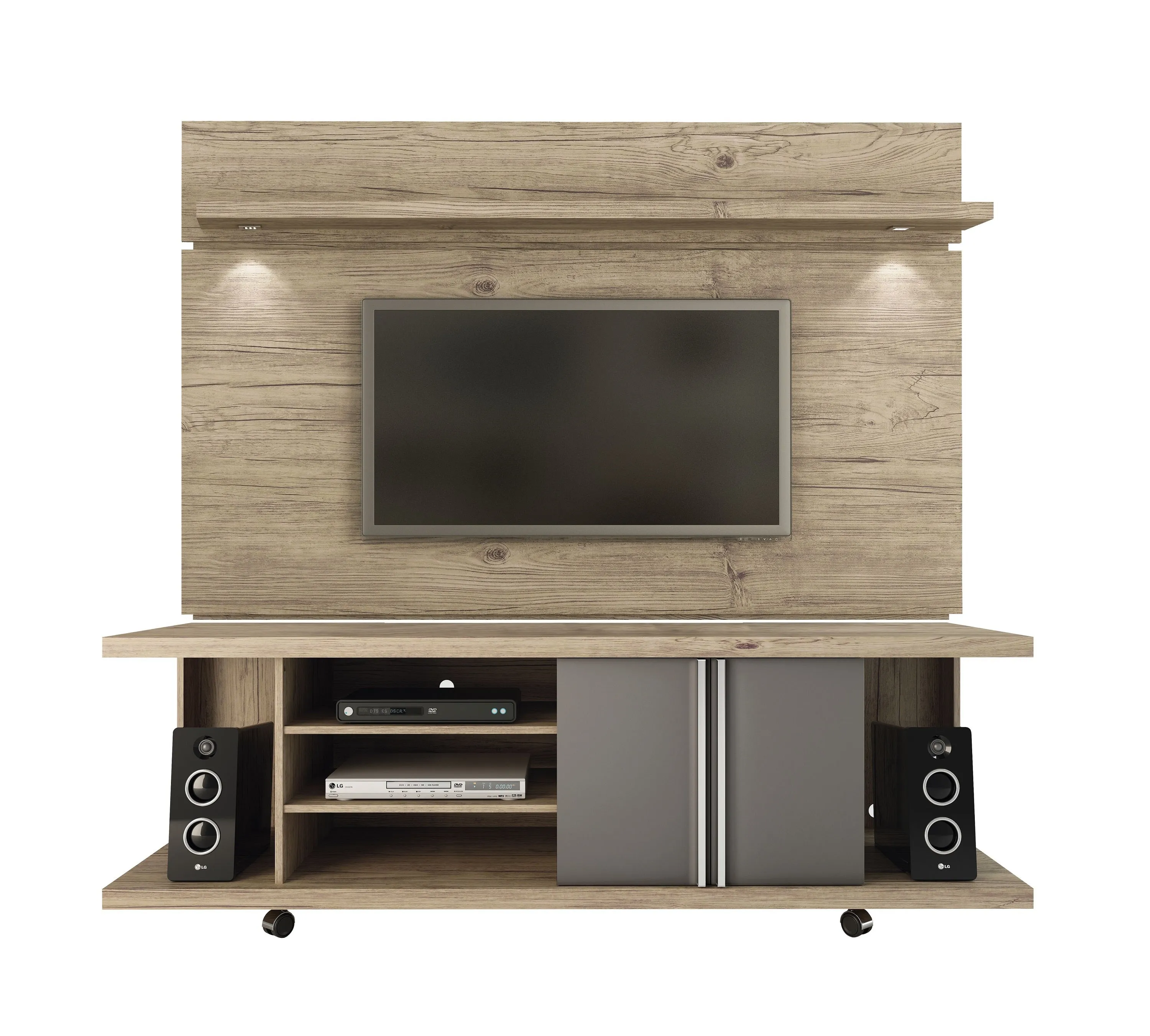 Carnegie TV Stand and Park 1.8 Floating Wall TV Panel with LED Lights in Nature and Onyx