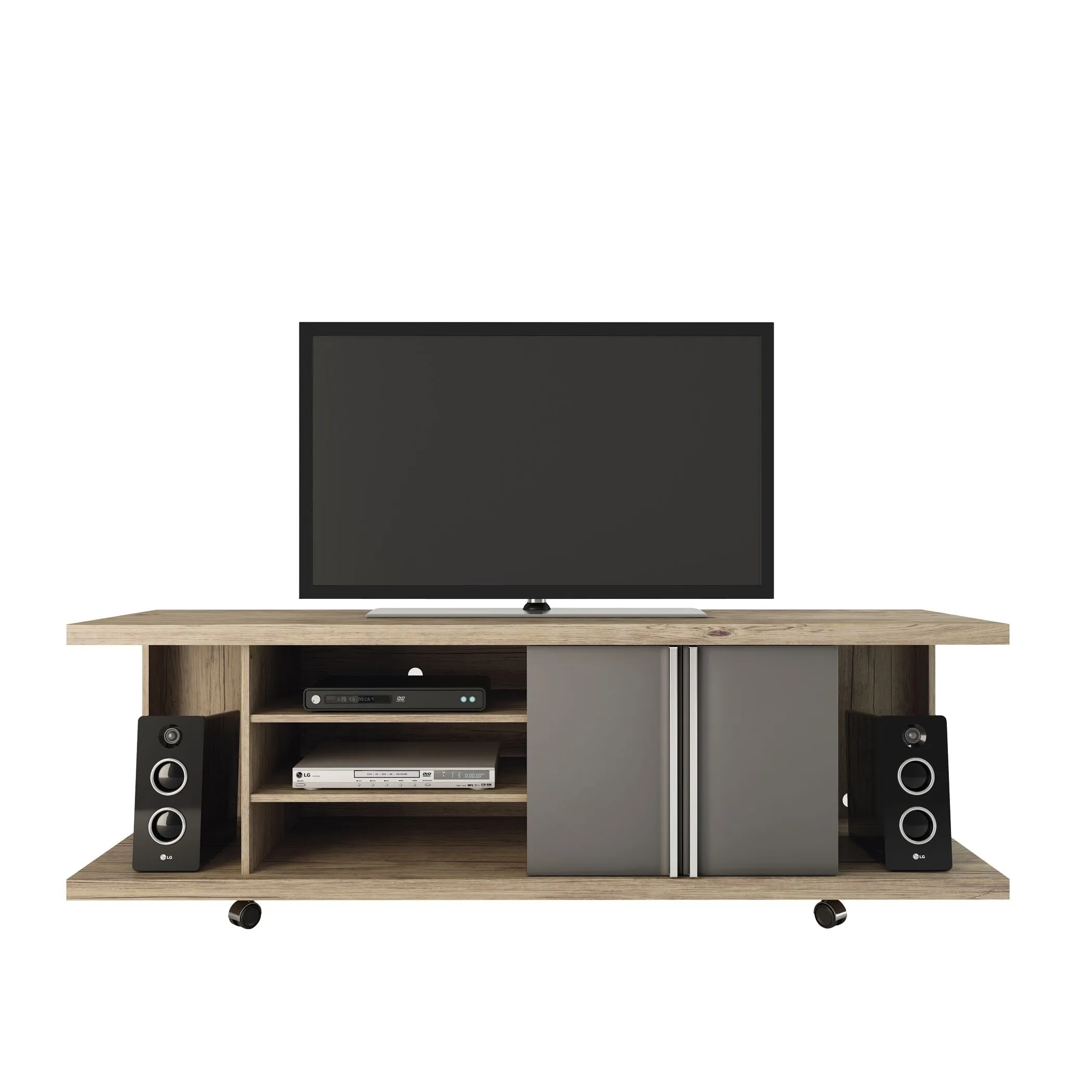 Carnegie TV Stand and Park 1.8 Floating Wall TV Panel with LED Lights in Nature and Onyx