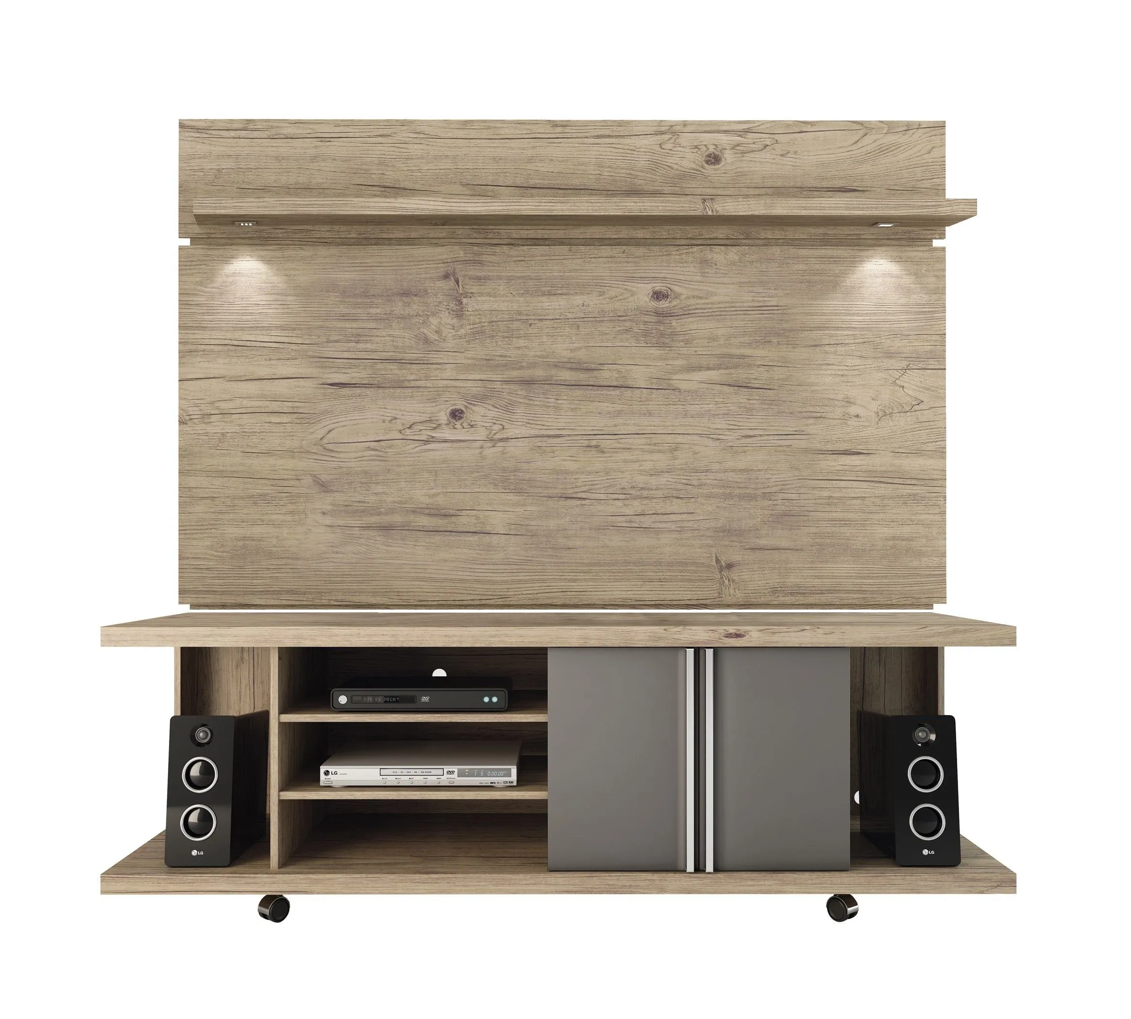 Carnegie TV Stand and Park 1.8 Floating Wall TV Panel with LED Lights in Nature and Onyx