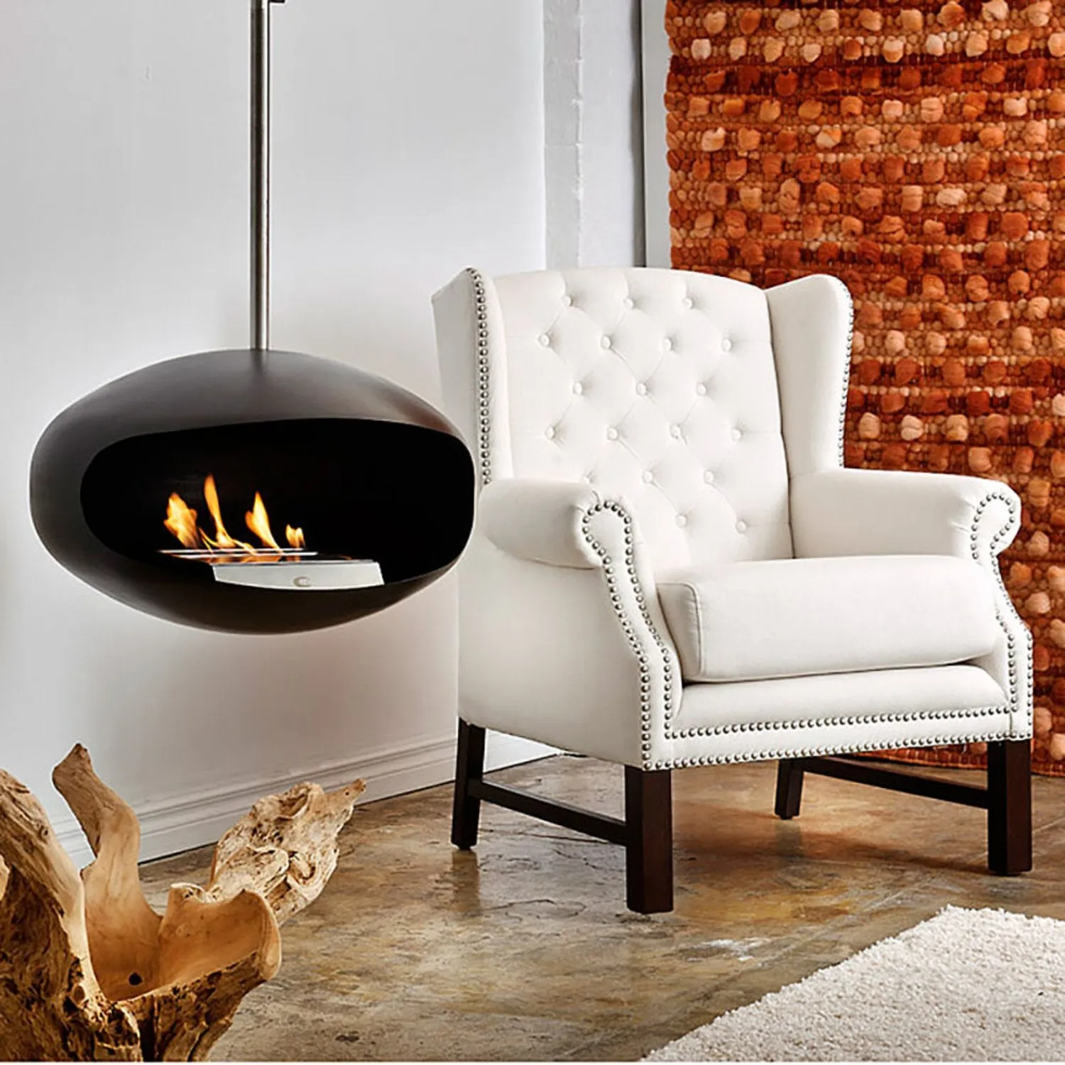 cocoon fires | aeris hanging fireplace | black   steel rod