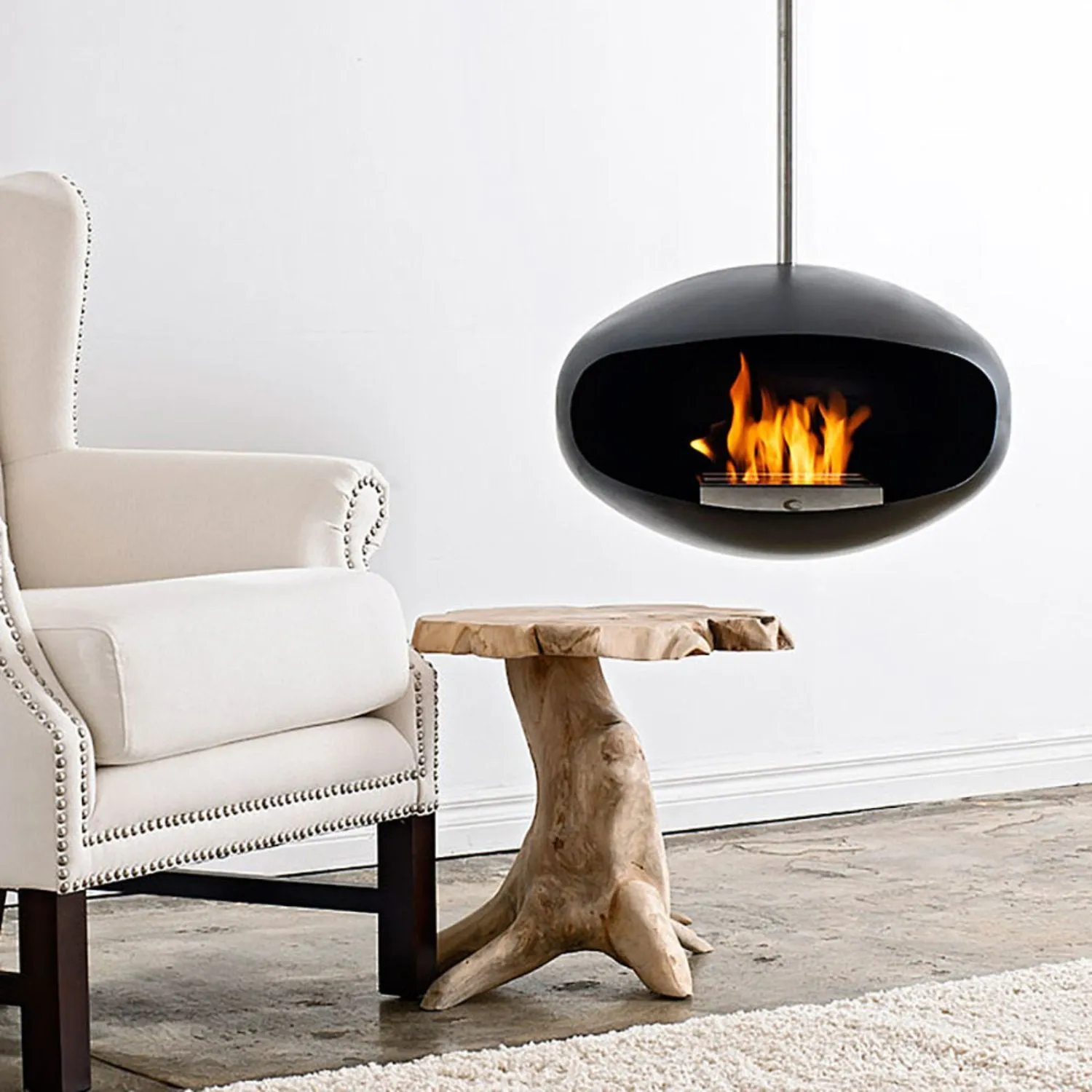 cocoon fires | aeris hanging fireplace | black   steel rod