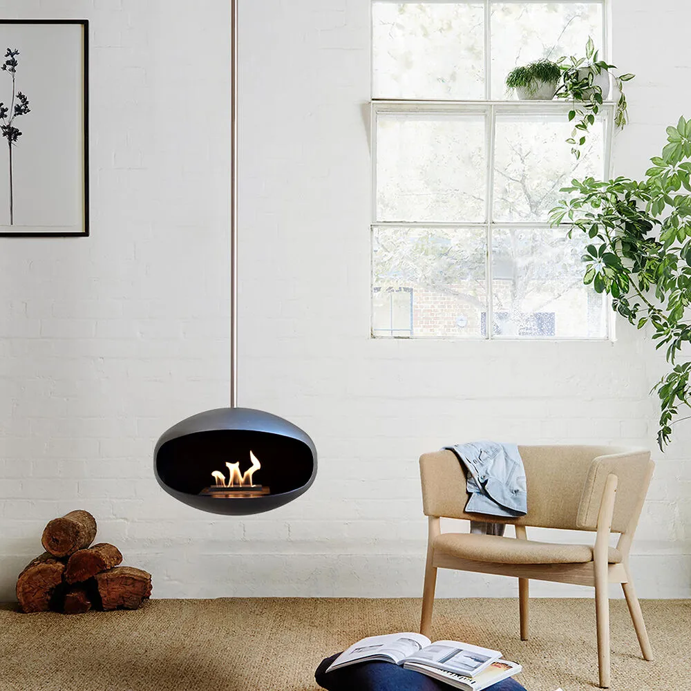 cocoon fires | aeris hanging fireplace | black   steel rod