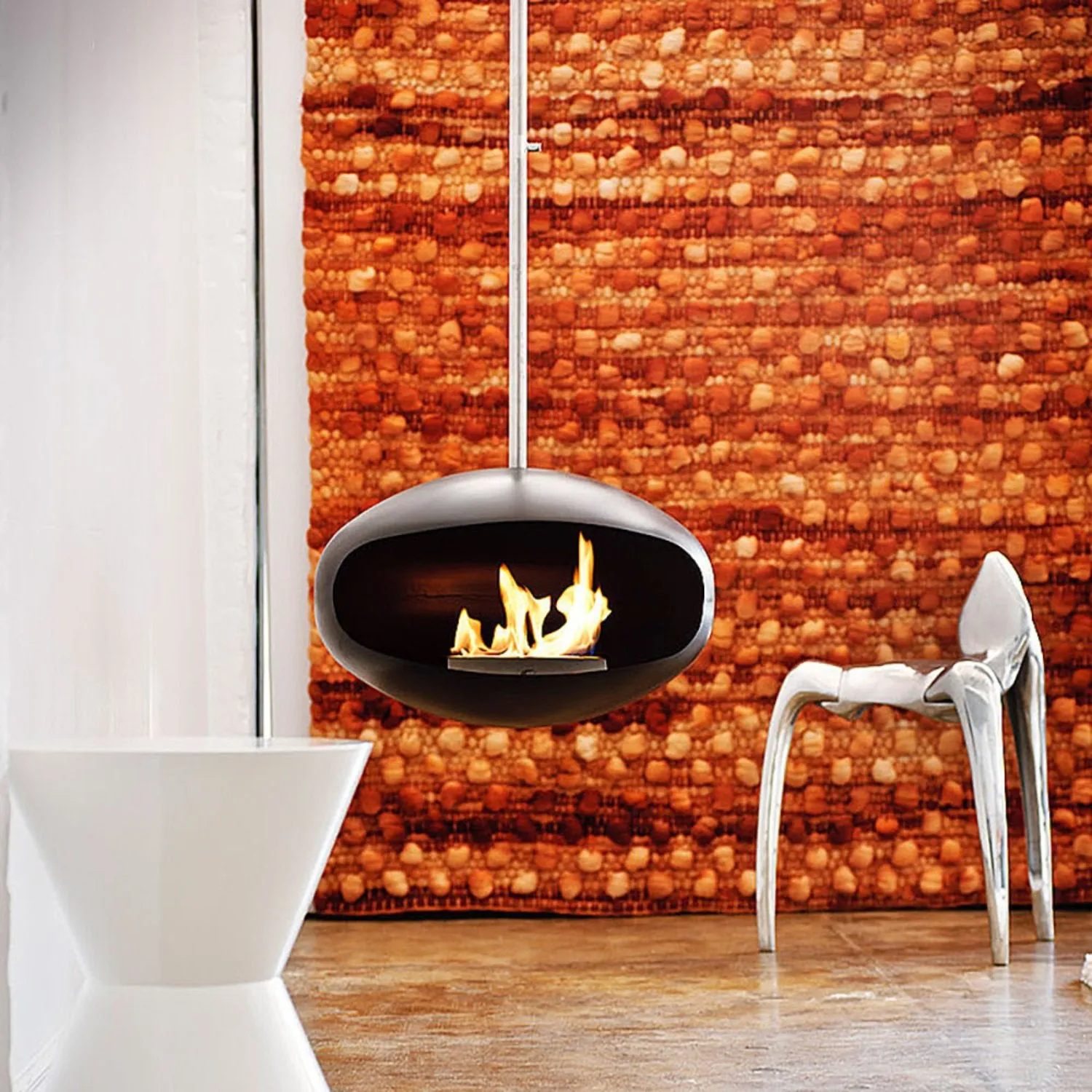 cocoon fires | aeris hanging fireplace | black   steel rod