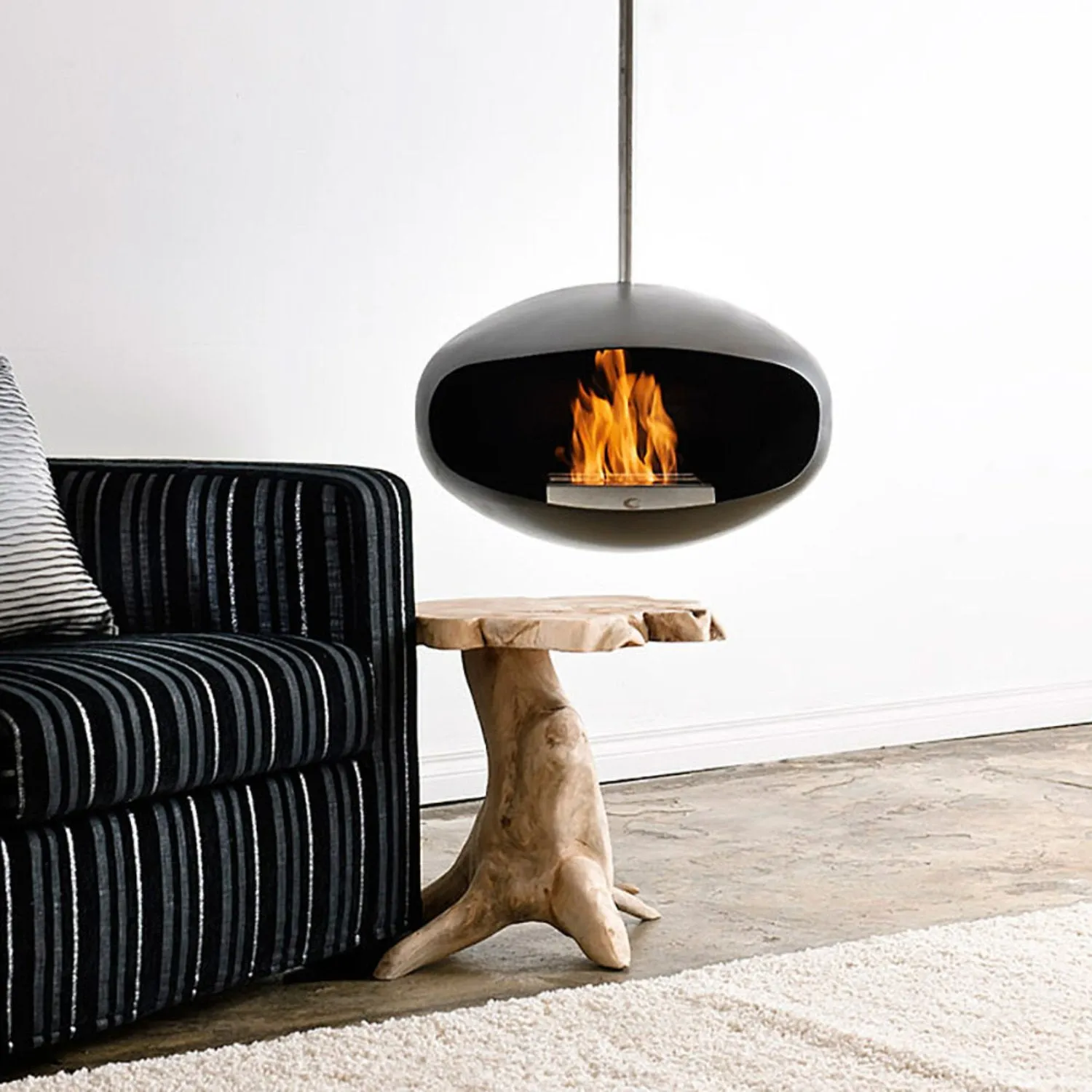 cocoon fires | aeris hanging fireplace | black   steel rod