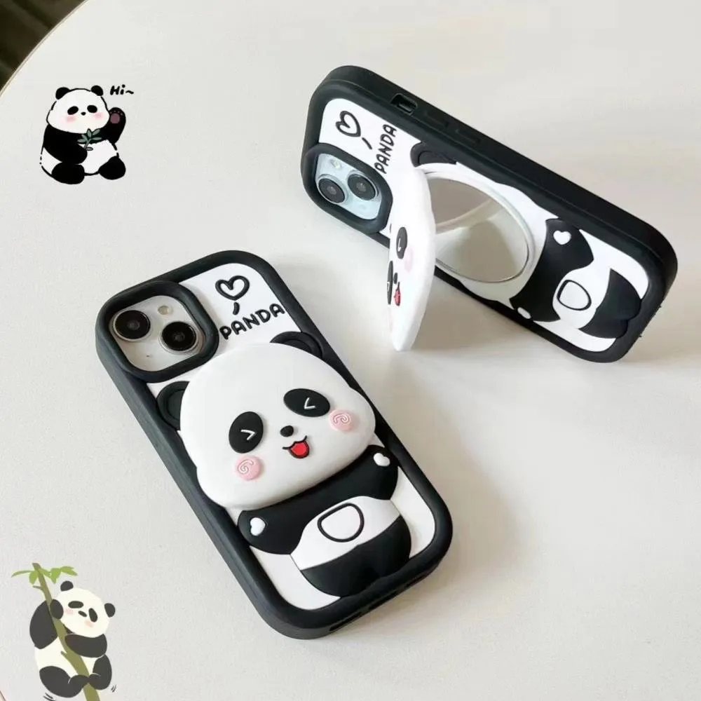 Cute Panda With Mirror Stand Silicon Phone Case For iPhone 12 Pro