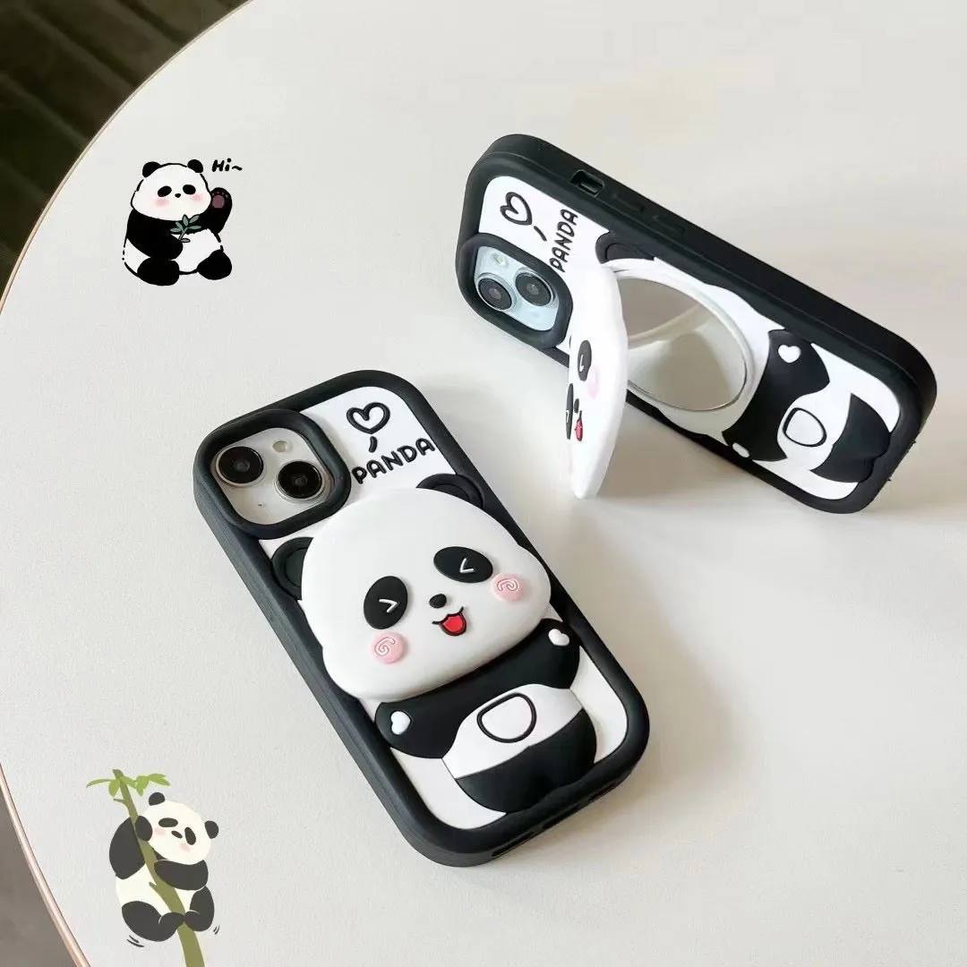 Cute Panda With Mirror Stand Silicon Phone Case For iPhone 12 Pro