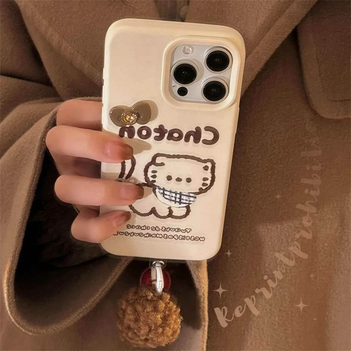 Cute Phone Cases for iPhone 16, 15, 14, 13, and 12 Pro Max with Hairball Bell Pendant - Sketch Cat - TSP436