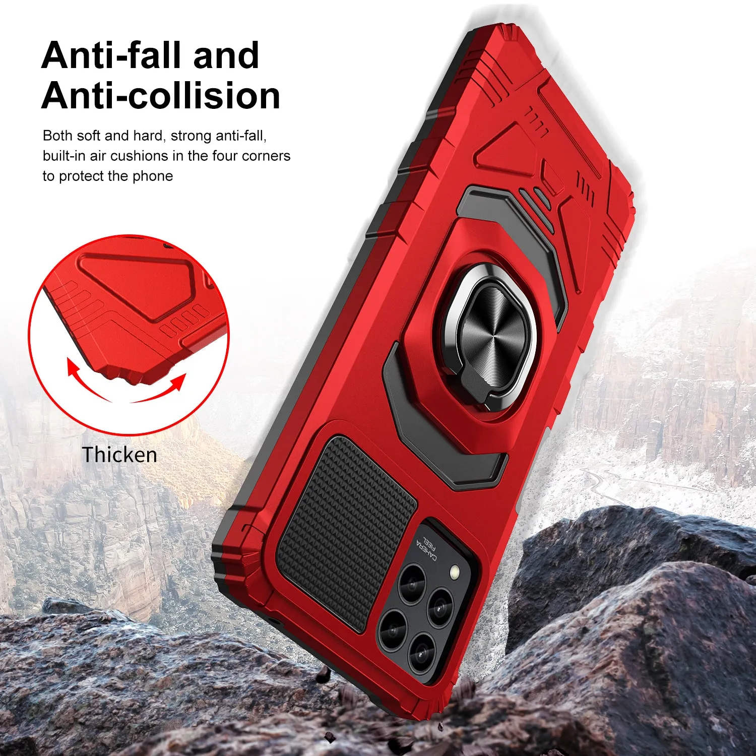 For T-Mobile REVVL 6 Pro 5G Case [Military Grade] Ring Car Mount Kickstand w/[Tempered Glass] Hybrid Hard PC Soft TPU Shockproof Protective Case - Red