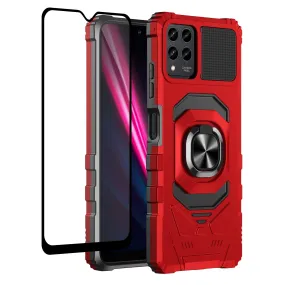 For T-Mobile REVVL 6 Pro 5G Case [Military Grade] Ring Car Mount Kickstand w/[Tempered Glass] Hybrid Hard PC Soft TPU Shockproof Protective Case - Red